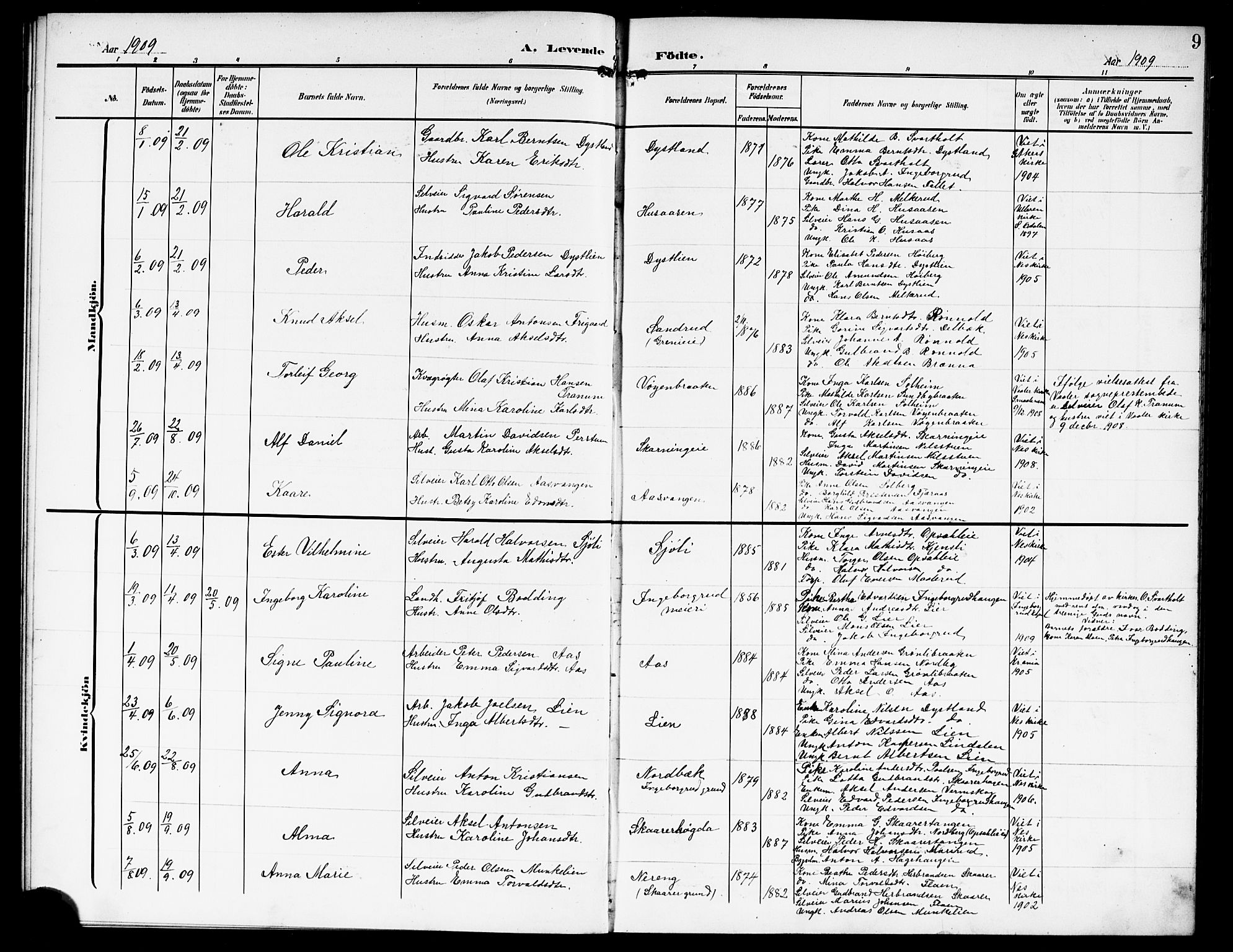 Nes prestekontor Kirkebøker, AV/SAO-A-10410/G/Gd/L0001: Parish register (copy) no. IV 1, 1907-1922, p. 9