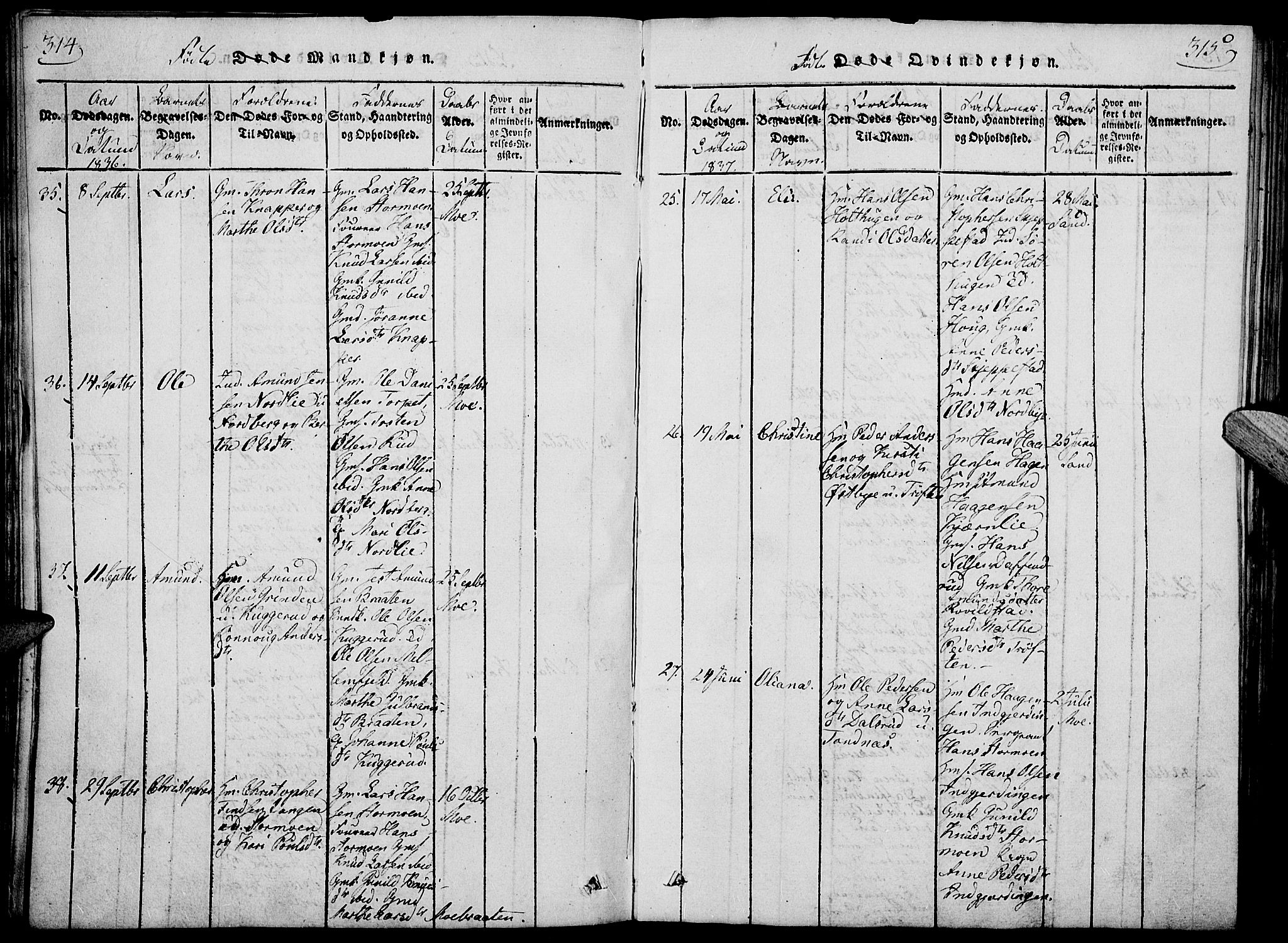 Nord-Odal prestekontor, AV/SAH-PREST-032/H/Ha/Haa/L0001: Parish register (official) no. 1, 1819-1838, p. 314-315