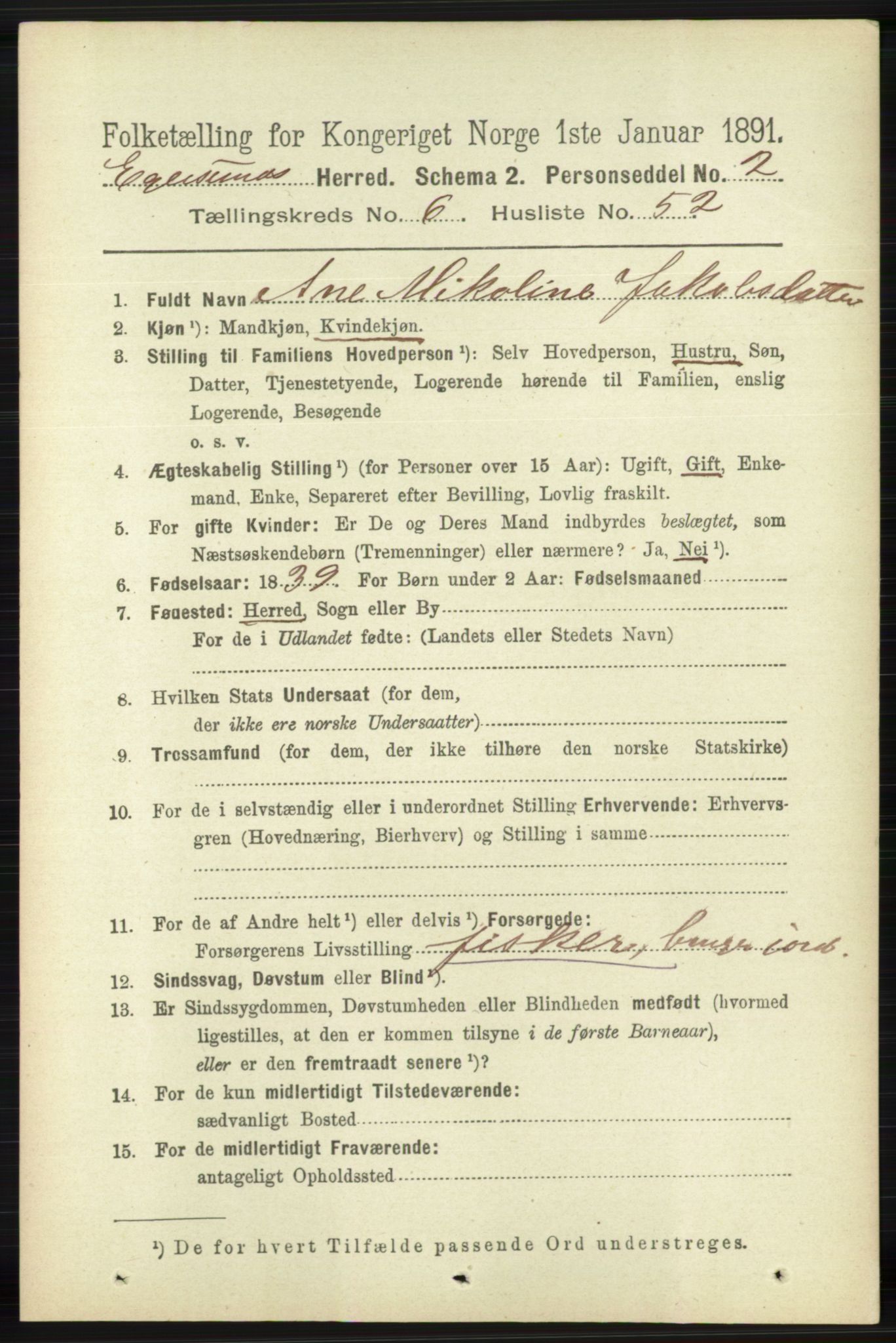 RA, 1891 census for 1116 Eigersund herred, 1891, p. 2590