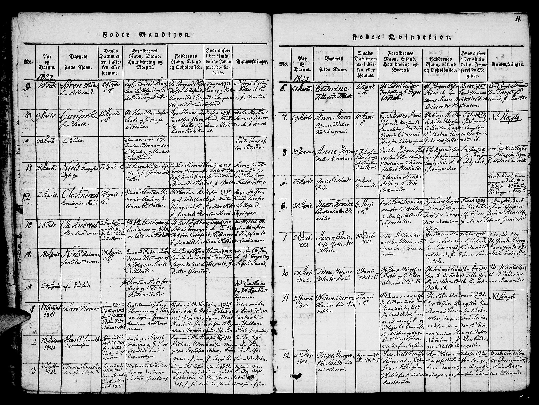 Vestre Moland sokneprestkontor, AV/SAK-1111-0046/F/Fa/Fab/L0003: Parish register (official) no. A 3, 1816-1843, p. 11