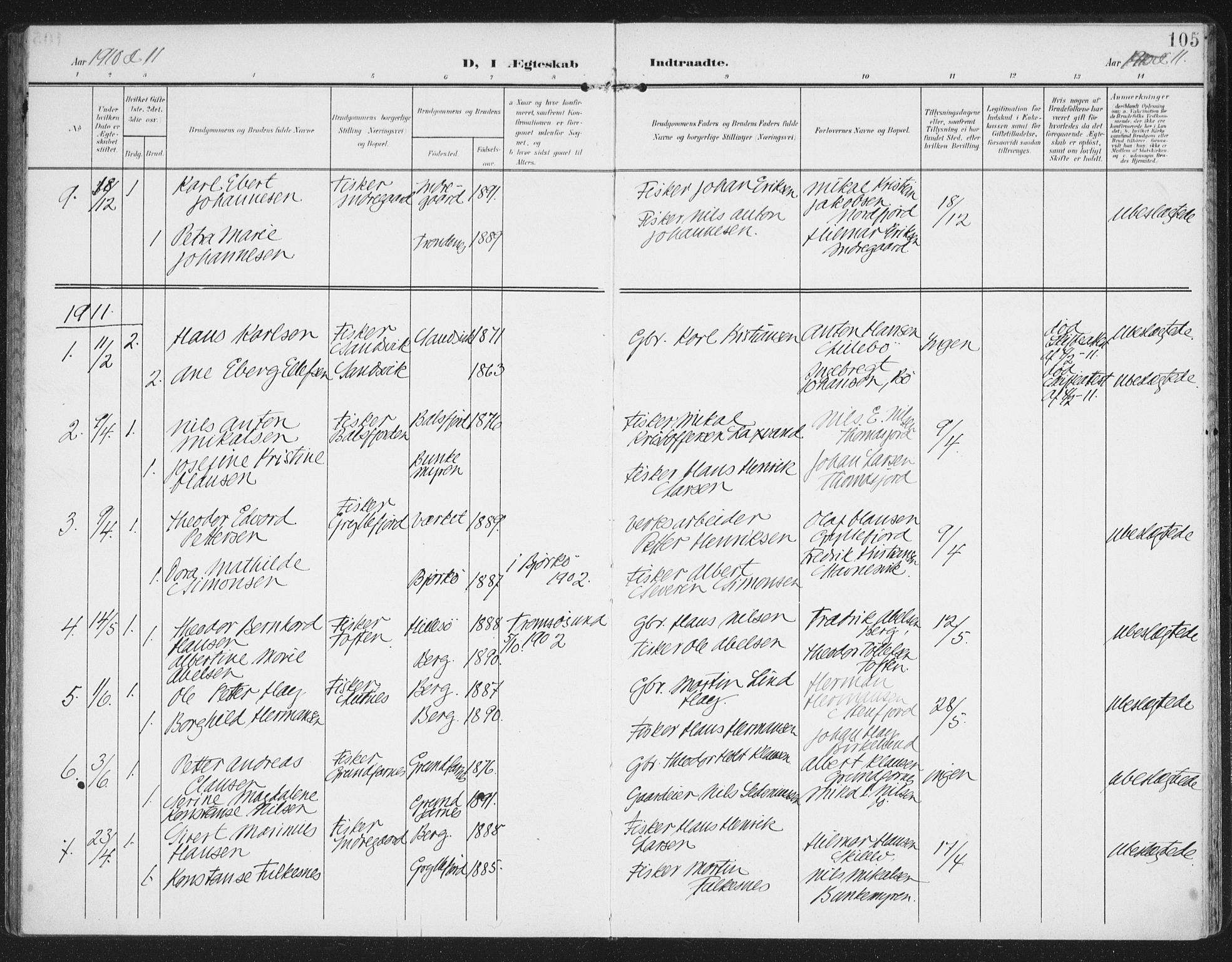 Berg sokneprestkontor, SATØ/S-1318/G/Ga/Gaa/L0007kirke: Parish register (official) no. 7, 1906-1915, p. 105