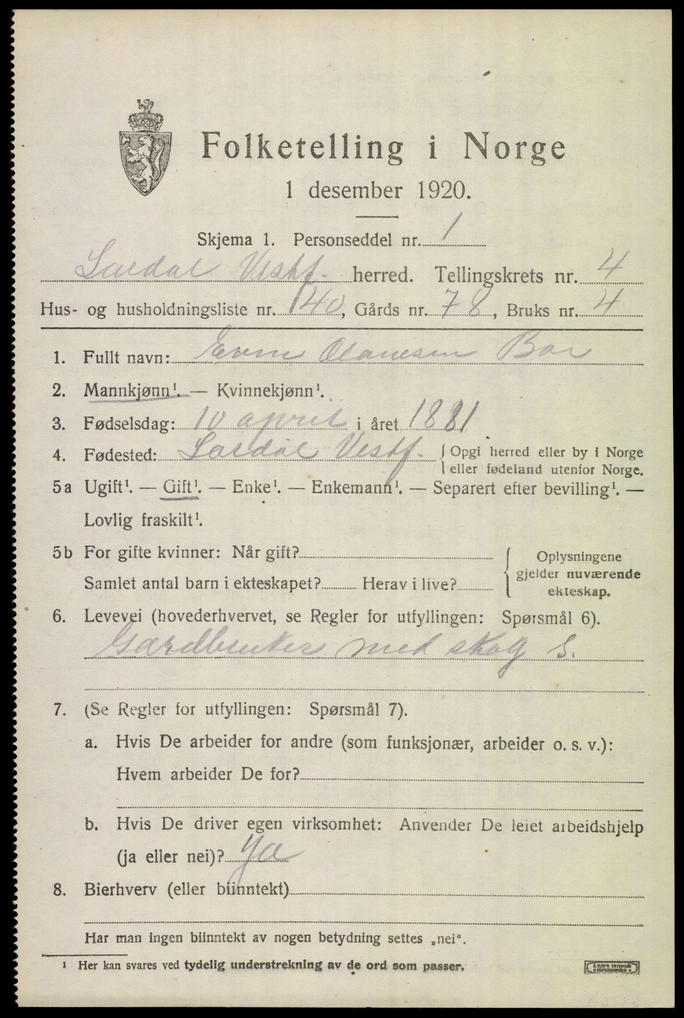 SAKO, 1920 census for Lardal, 1920, p. 4017