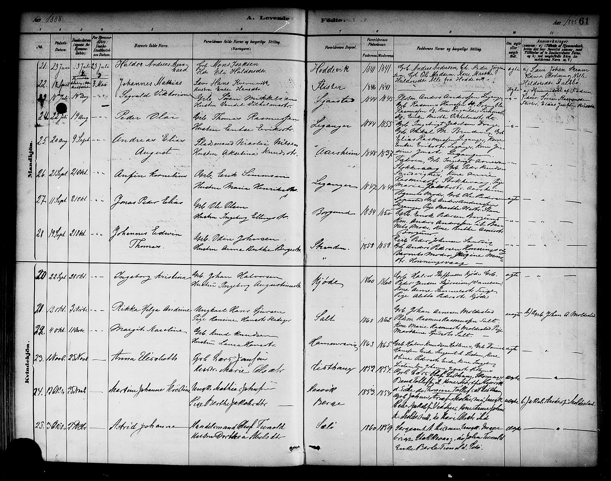 Selje sokneprestembete, AV/SAB-A-99938/H/Ha/Haa/Haab: Parish register (official) no. B 1, 1881-1890, p. 61