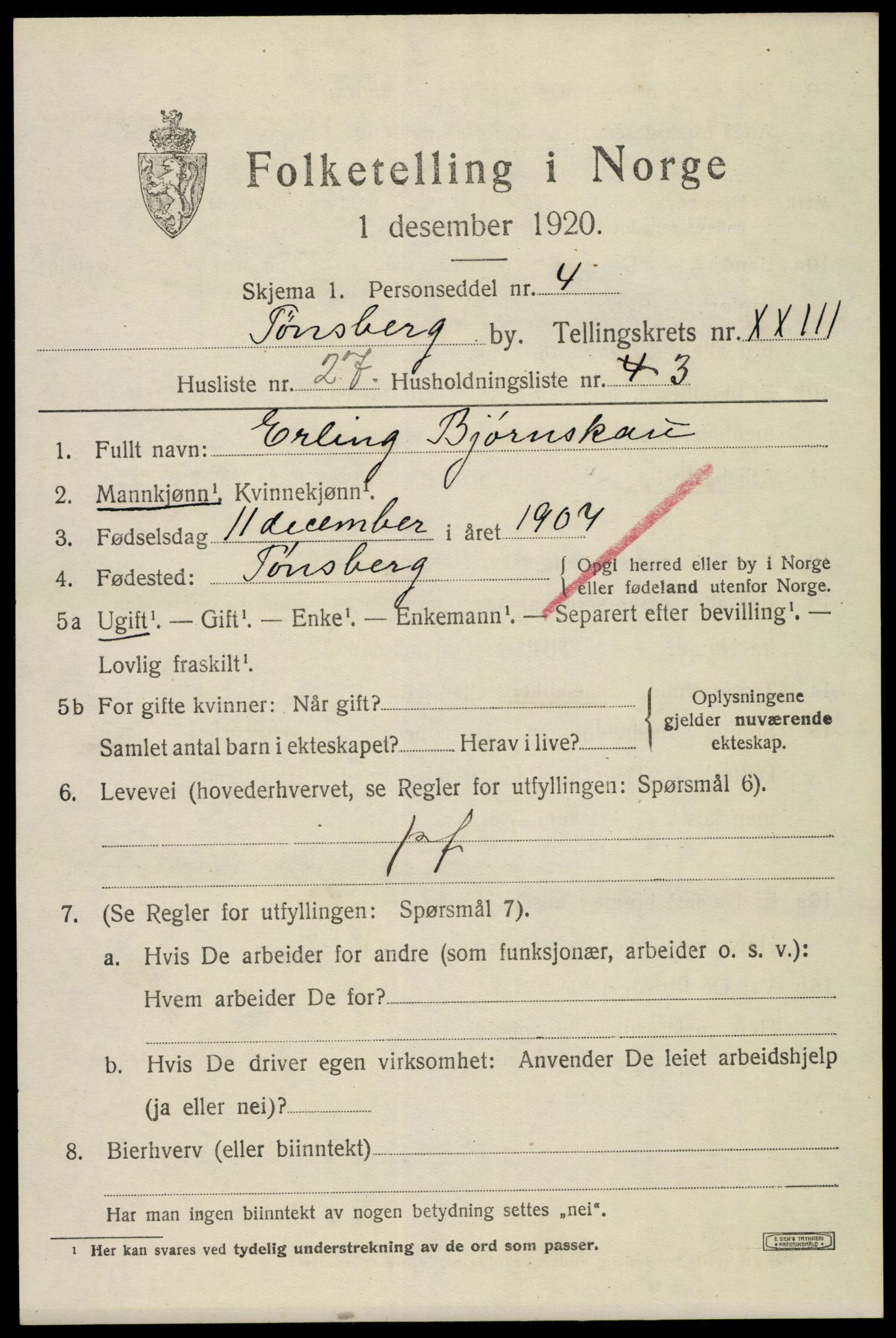 SAKO, 1920 census for Tønsberg, 1920, p. 33159