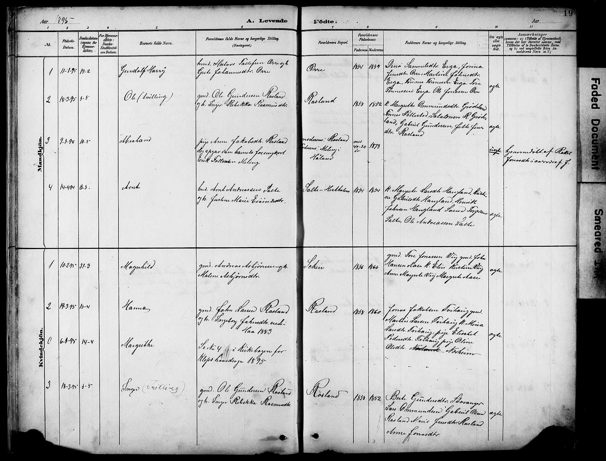 Klepp sokneprestkontor, SAST/A-101803/001/3/30BB/L0005: Parish register (copy) no. B 5, 1889-1918, p. 19