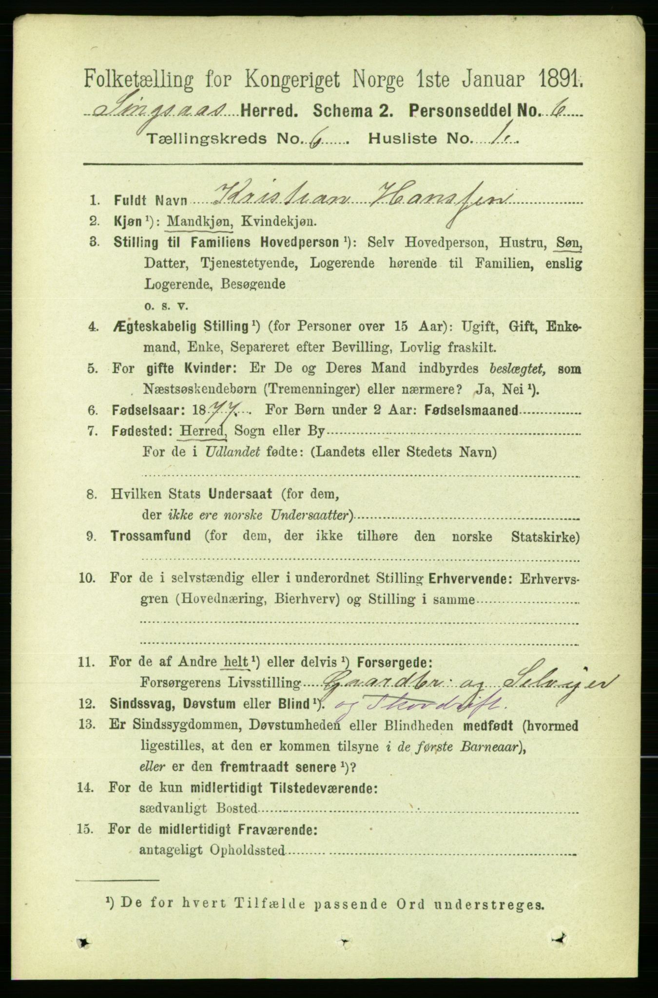 RA, 1891 census for 1646 Singsås, 1891, p. 1225