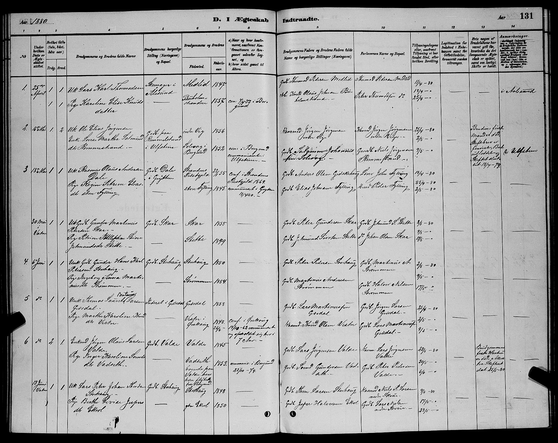 Ministerialprotokoller, klokkerbøker og fødselsregistre - Møre og Romsdal, SAT/A-1454/524/L0365: Parish register (copy) no. 524C06, 1880-1899, p. 131