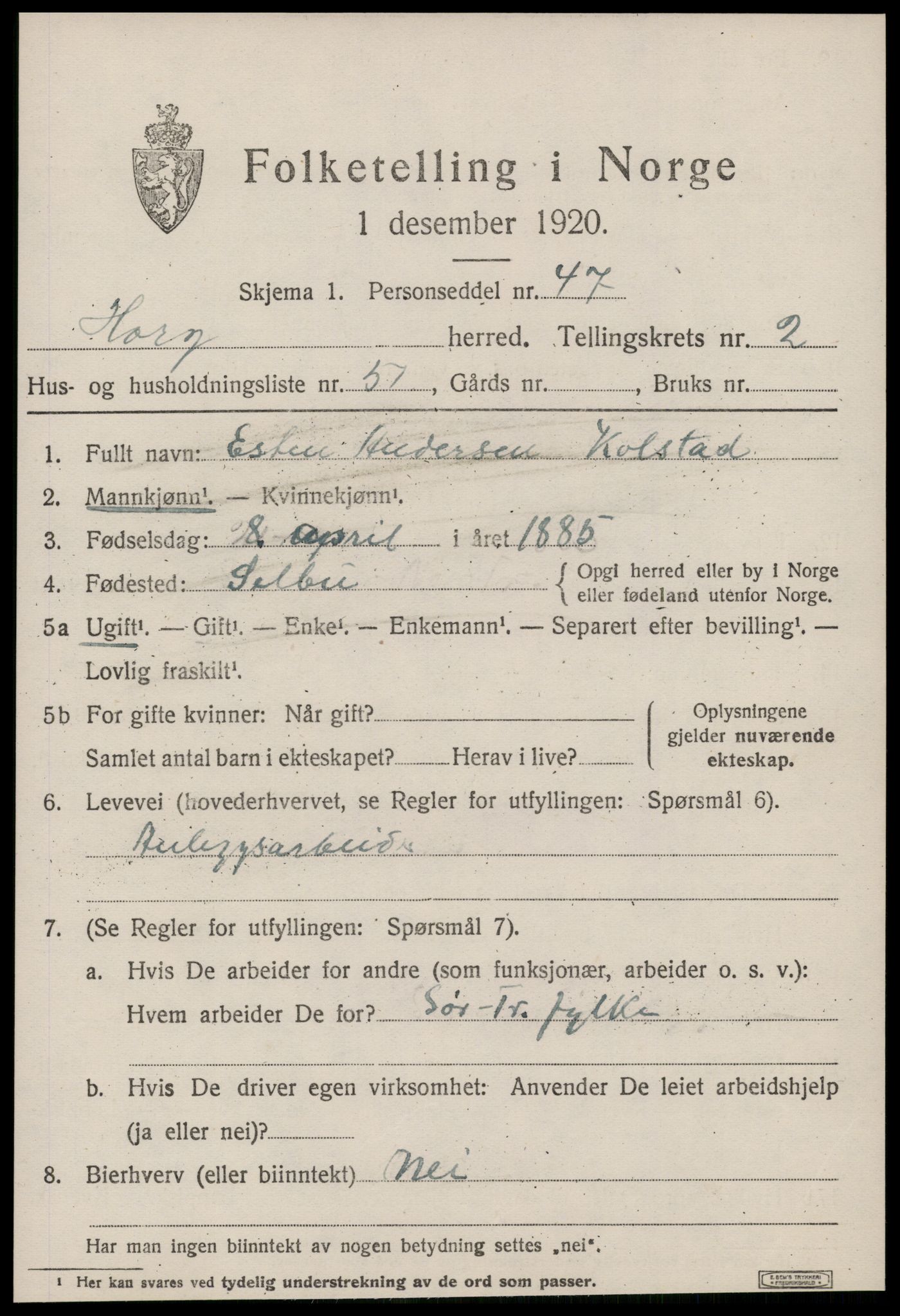 SAT, 1920 census for Horg, 1920, p. 2312