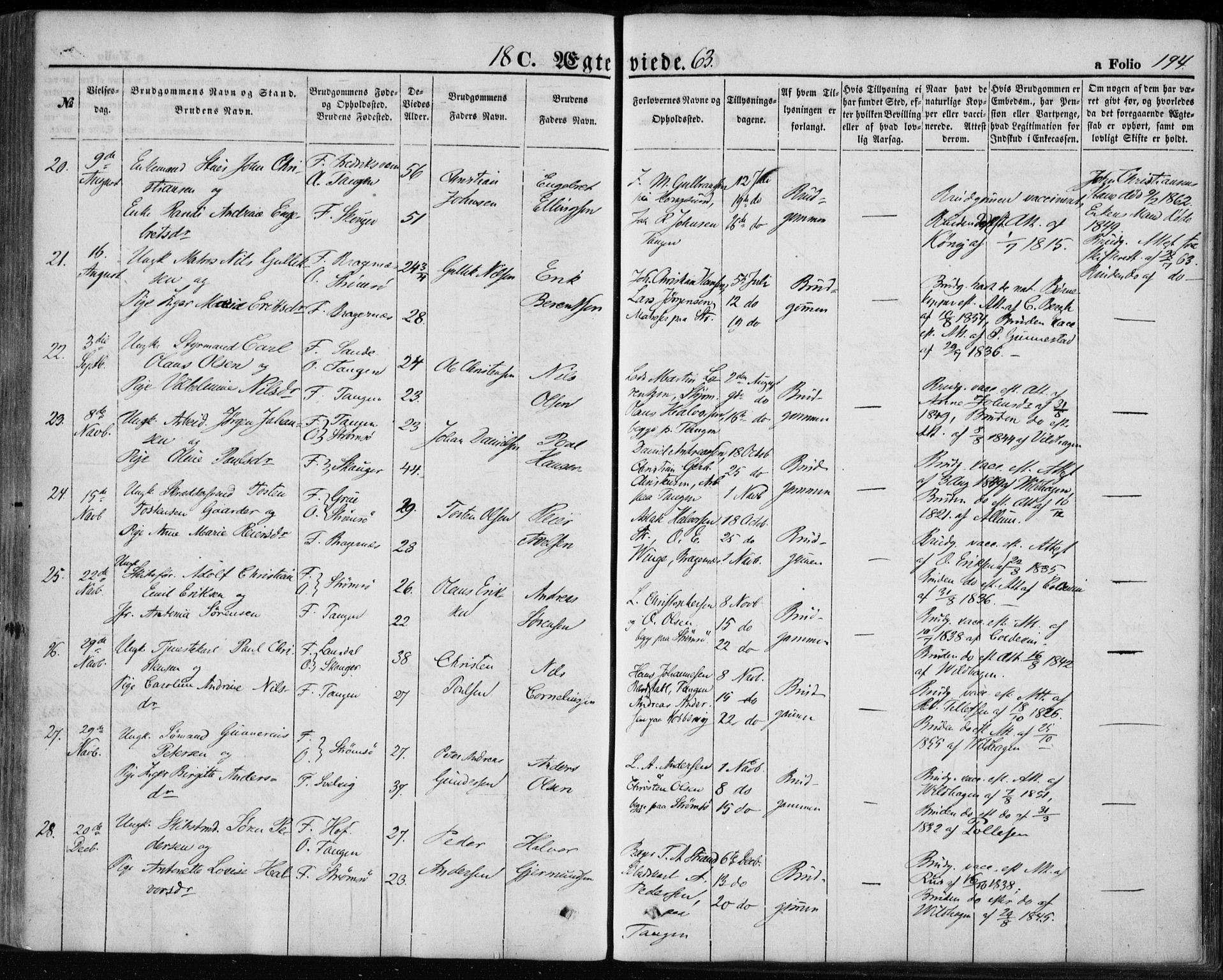 Strømsø kirkebøker, AV/SAKO-A-246/F/Fa/L0017: Parish register (official) no. I 17, 1848-1865, p. 194