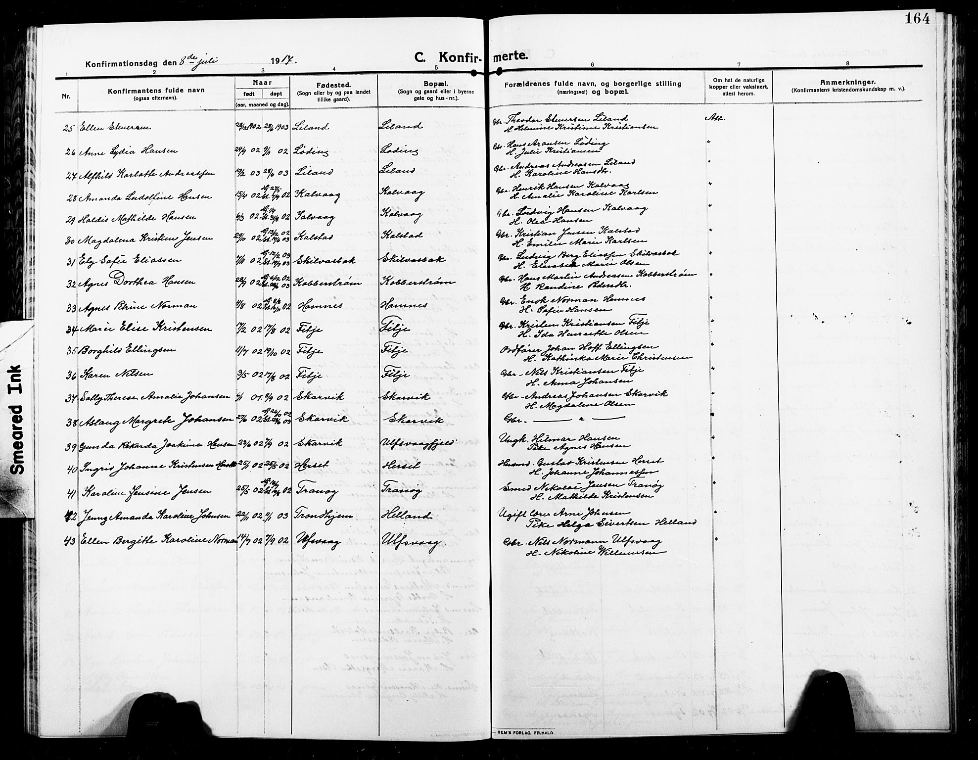 Ministerialprotokoller, klokkerbøker og fødselsregistre - Nordland, AV/SAT-A-1459/859/L0861: Parish register (copy) no. 859C07, 1910-1925, p. 164