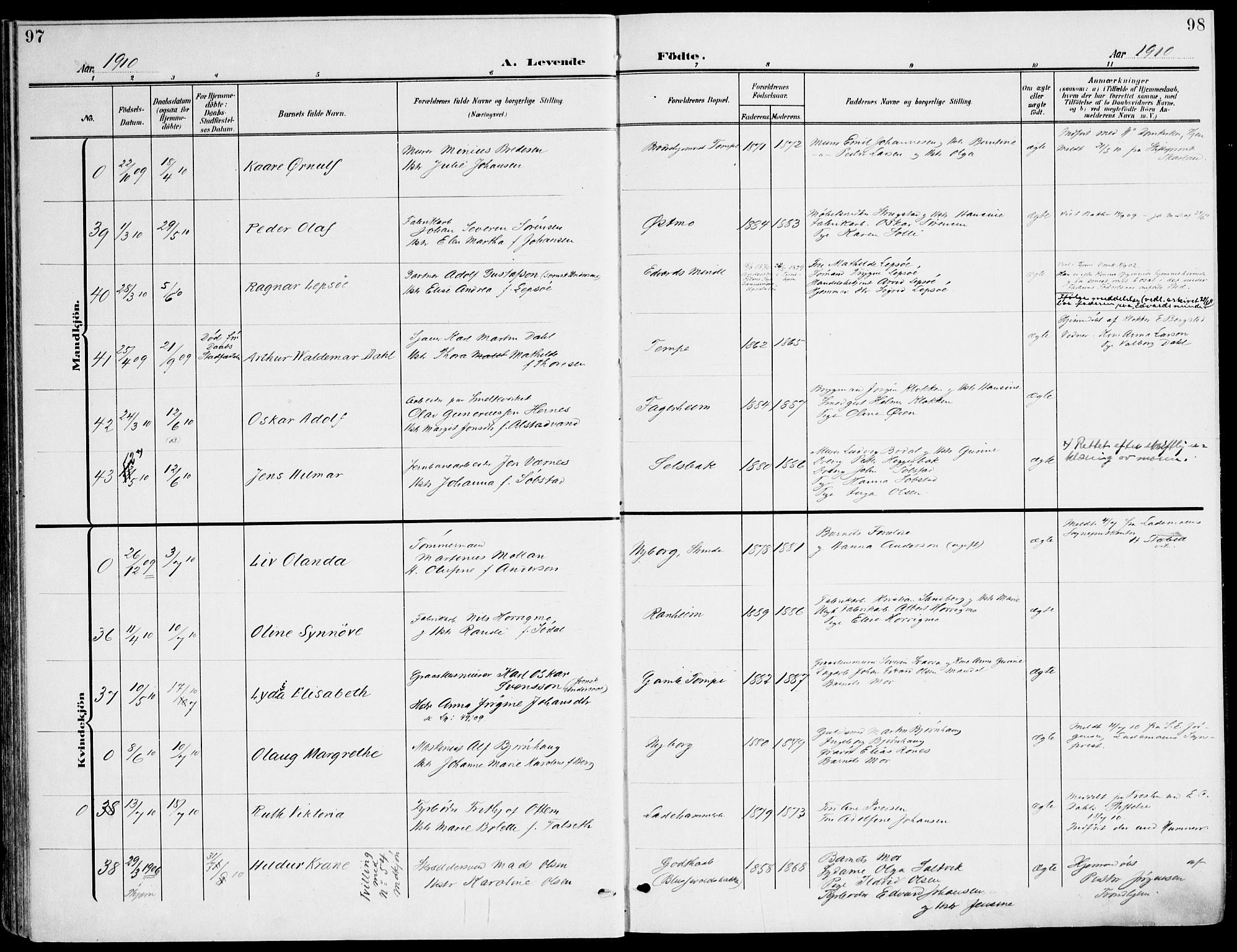 Ministerialprotokoller, klokkerbøker og fødselsregistre - Sør-Trøndelag, SAT/A-1456/607/L0320: Parish register (official) no. 607A04, 1907-1915, p. 97-98