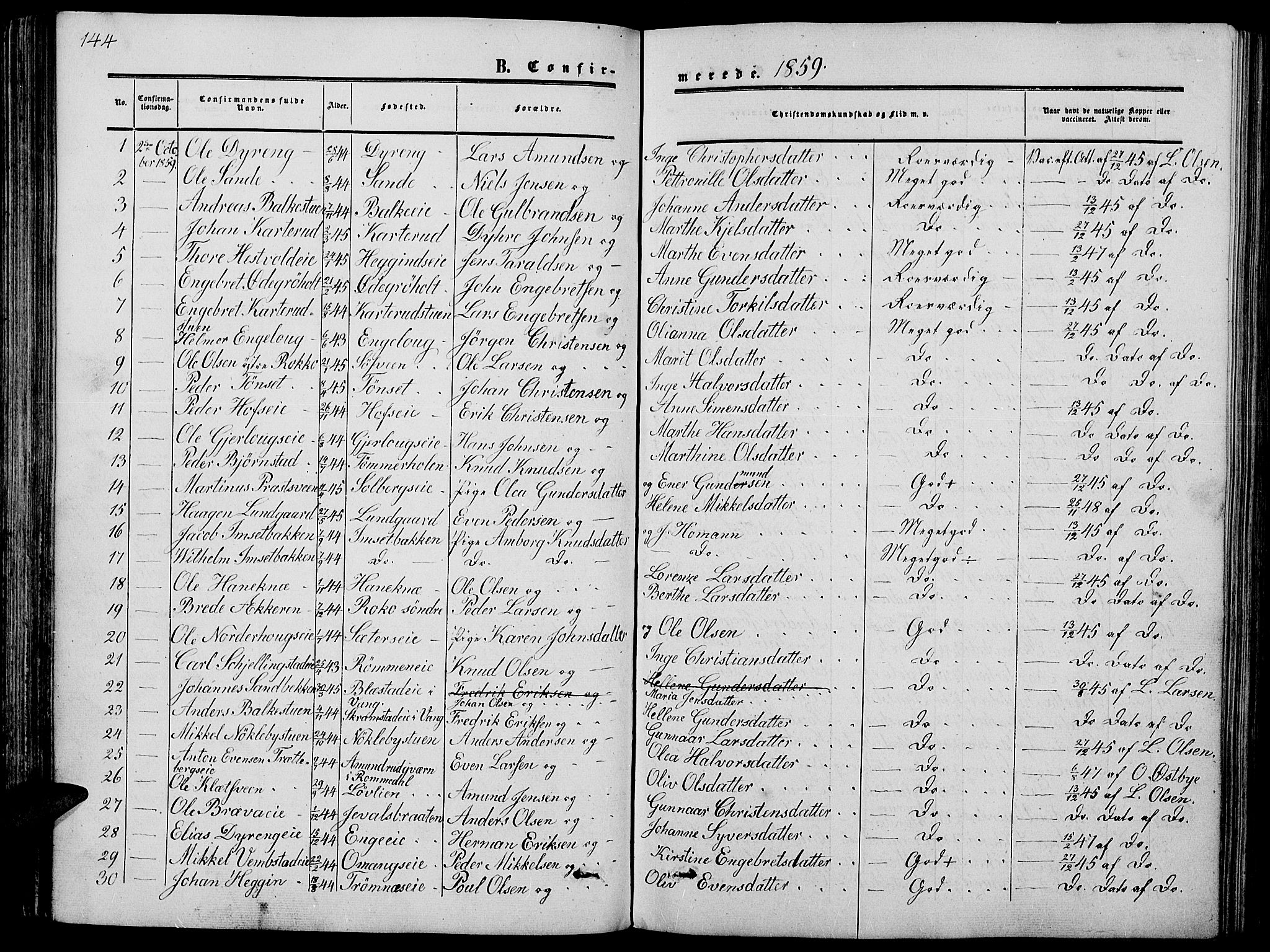 Løten prestekontor, SAH/PREST-022/L/La/L0003: Parish register (copy) no. 3, 1850-1862, p. 144