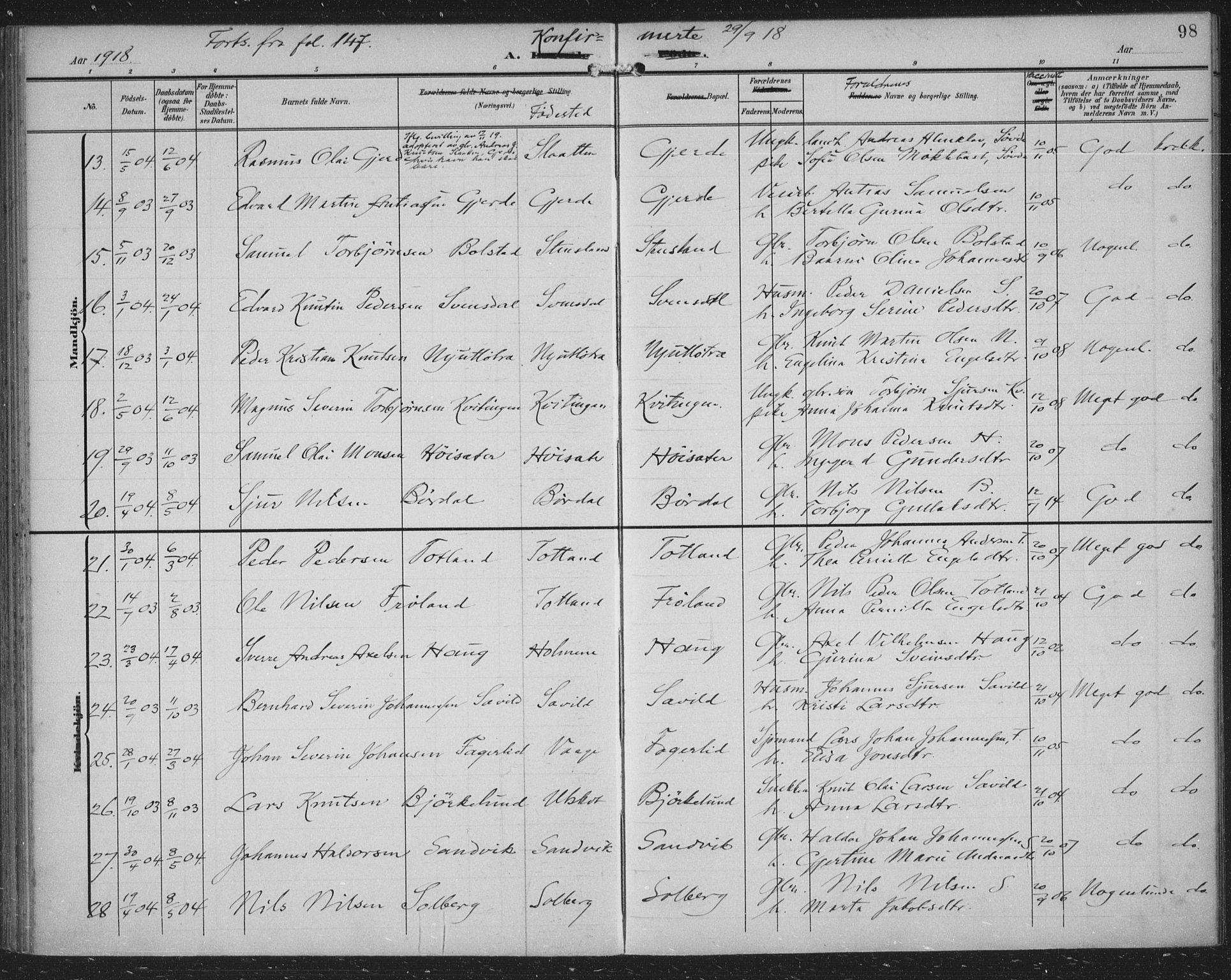 Samnanger Sokneprestembete, SAB/A-77501/H/Haa: Parish register (official) no. A 2, 1902-1918, p. 98