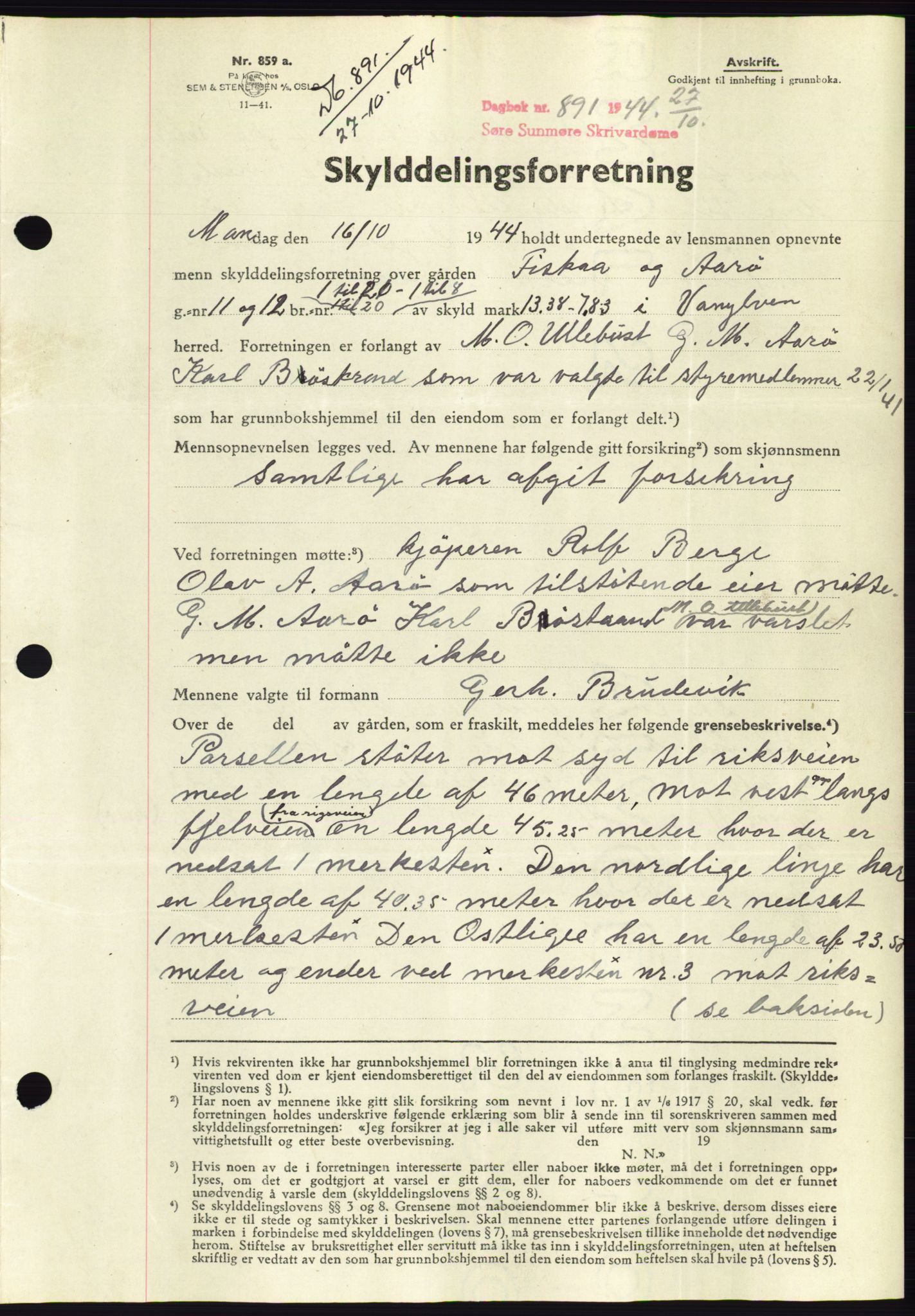 Søre Sunnmøre sorenskriveri, AV/SAT-A-4122/1/2/2C/L0076: Mortgage book no. 2A, 1943-1944, Diary no: : 891/1944