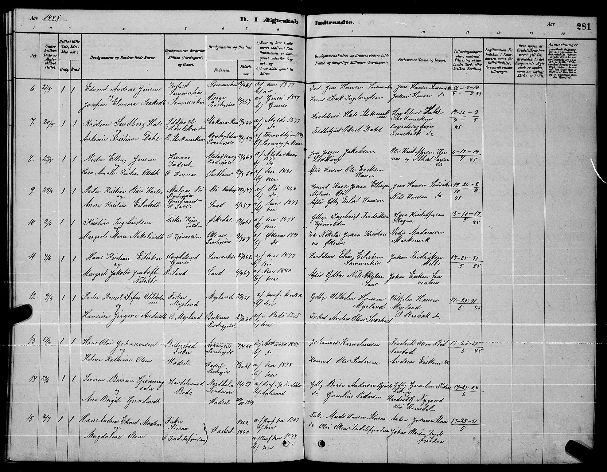 Ministerialprotokoller, klokkerbøker og fødselsregistre - Nordland, AV/SAT-A-1459/888/L1267: Parish register (copy) no. 888C05, 1878-1890, p. 281