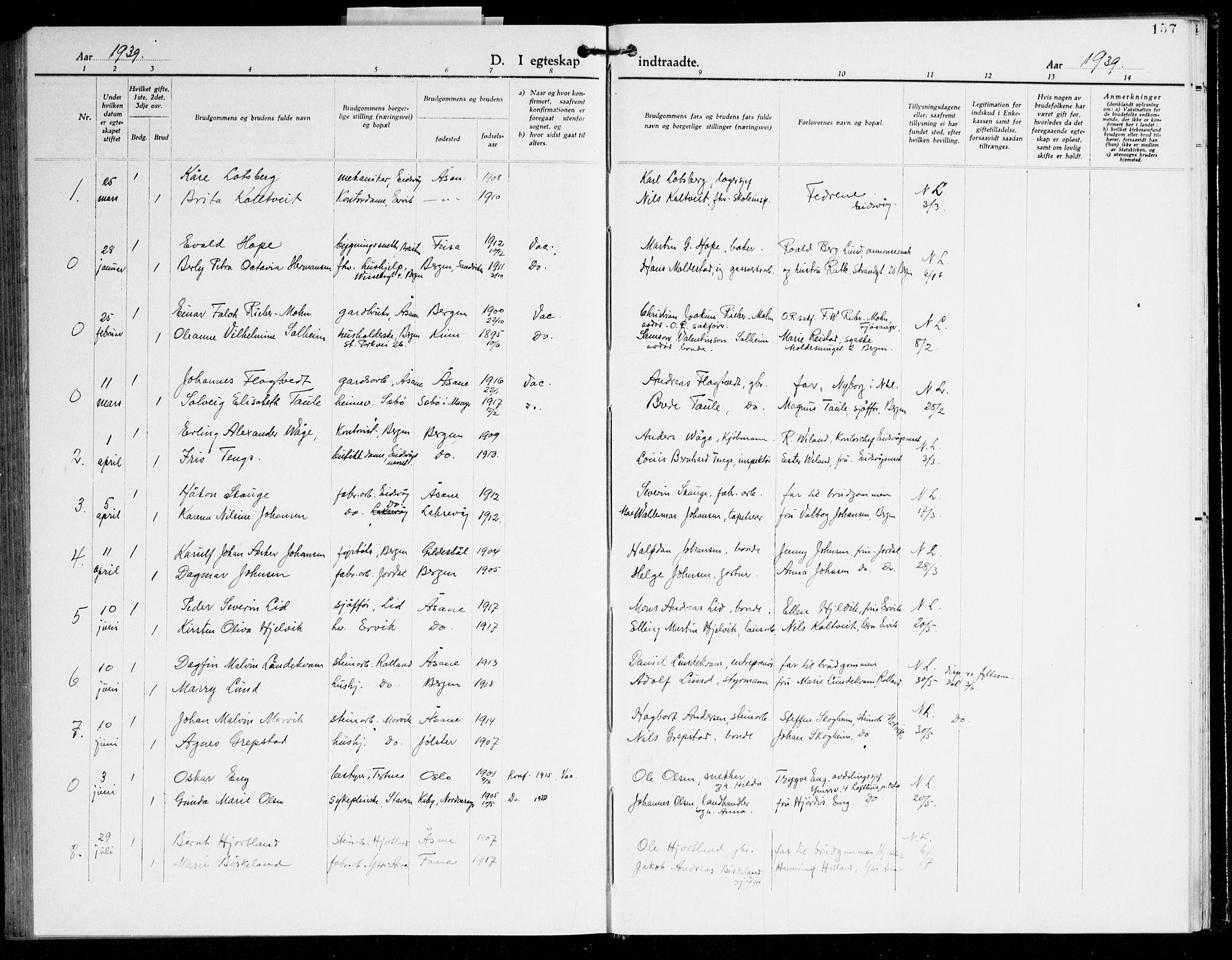 Åsane sokneprestembete, AV/SAB-A-79401/H/Hab: Parish register (copy) no. A 5, 1928-1943, p. 157