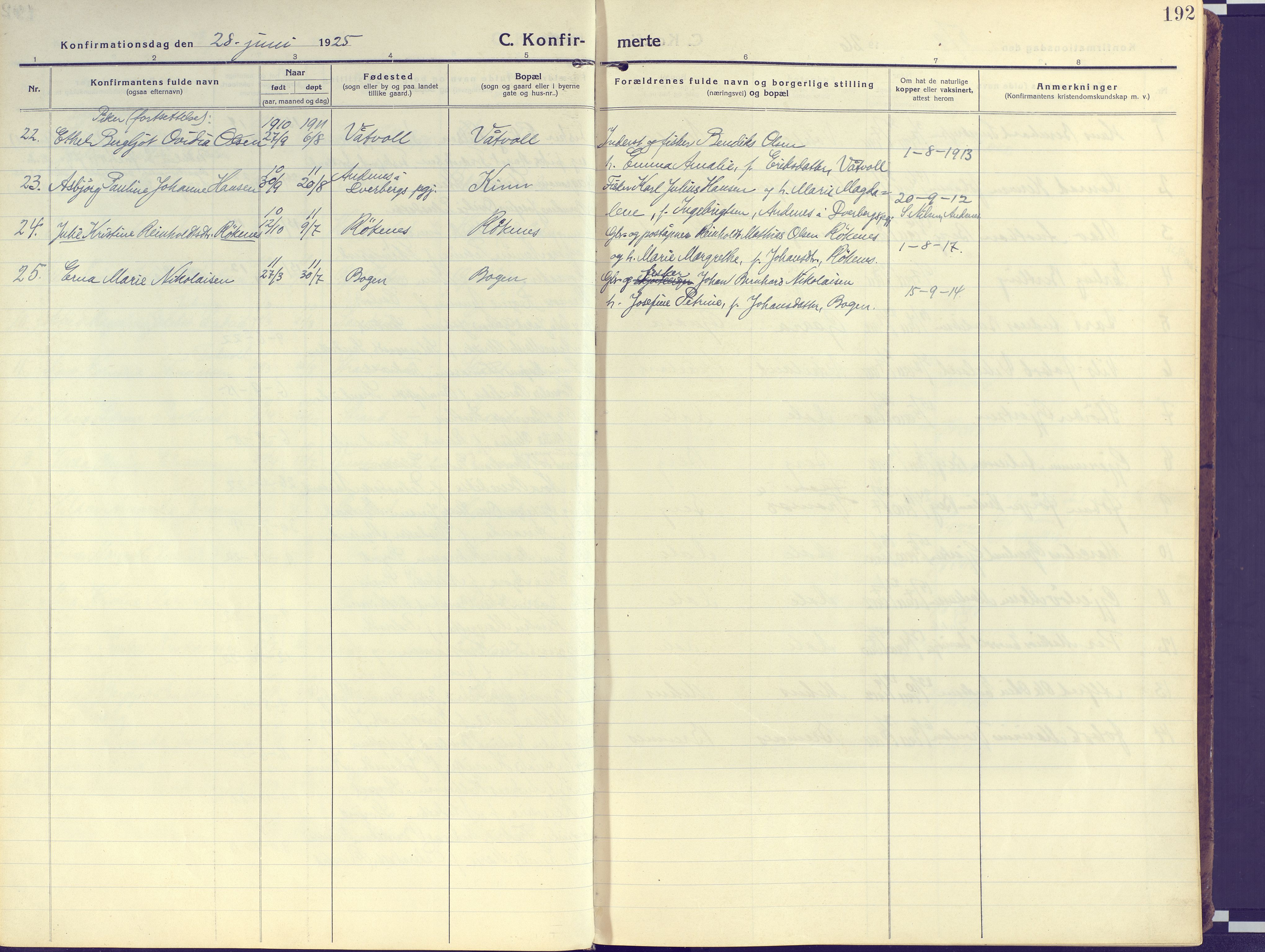 Kvæfjord sokneprestkontor, AV/SATØ-S-1323/G/Ga/Gaa/L0007kirke: Parish register (official) no. 7, 1915-1931, p. 192