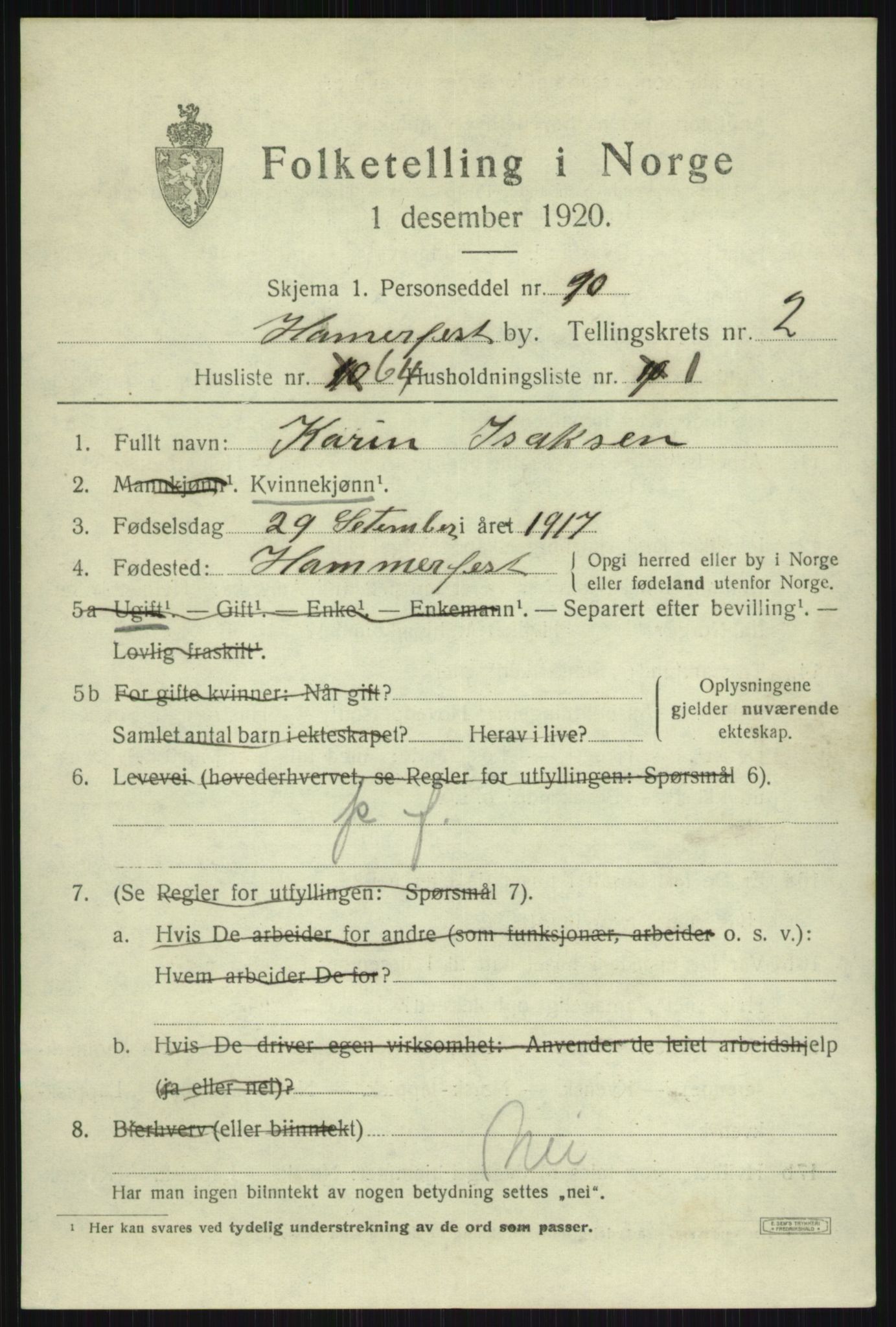 SATØ, 1920 census for Hammerfest, 1920, p. 7401