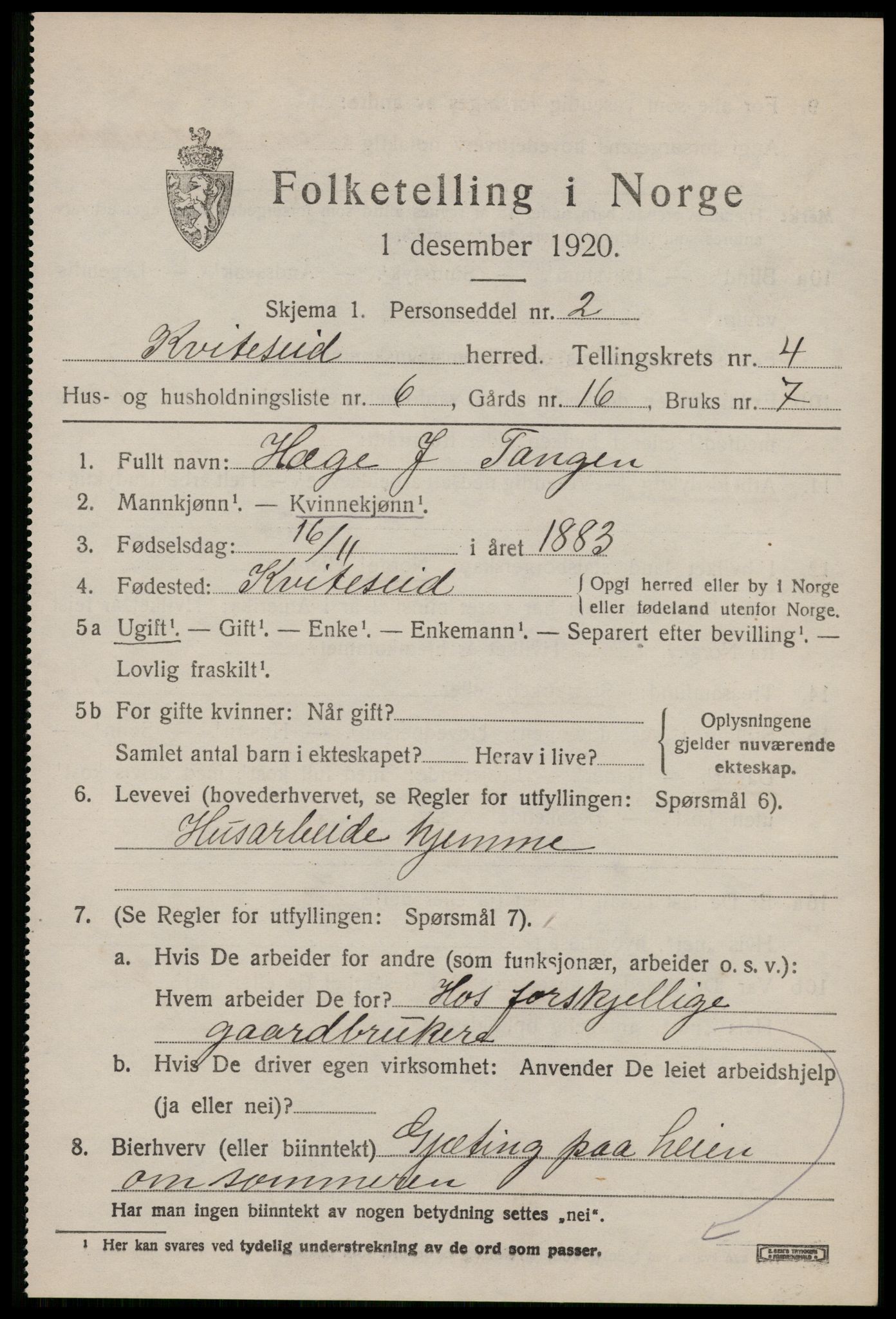 SAKO, 1920 census for Kviteseid, 1920, p. 2663