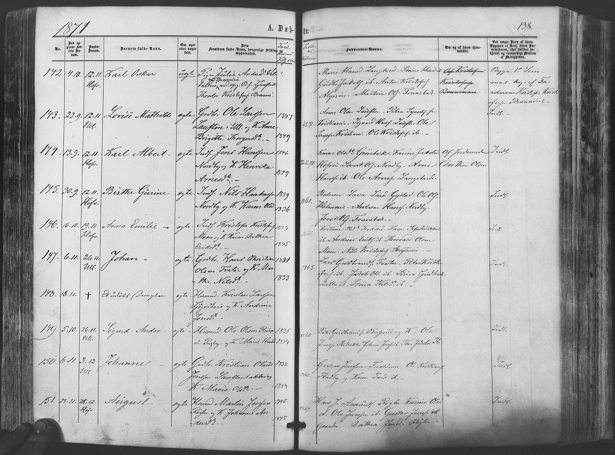 Ullensaker prestekontor Kirkebøker, AV/SAO-A-10236a/F/Fa/L0016: Parish register (official) no. I 16, 1863-1875, p. 138