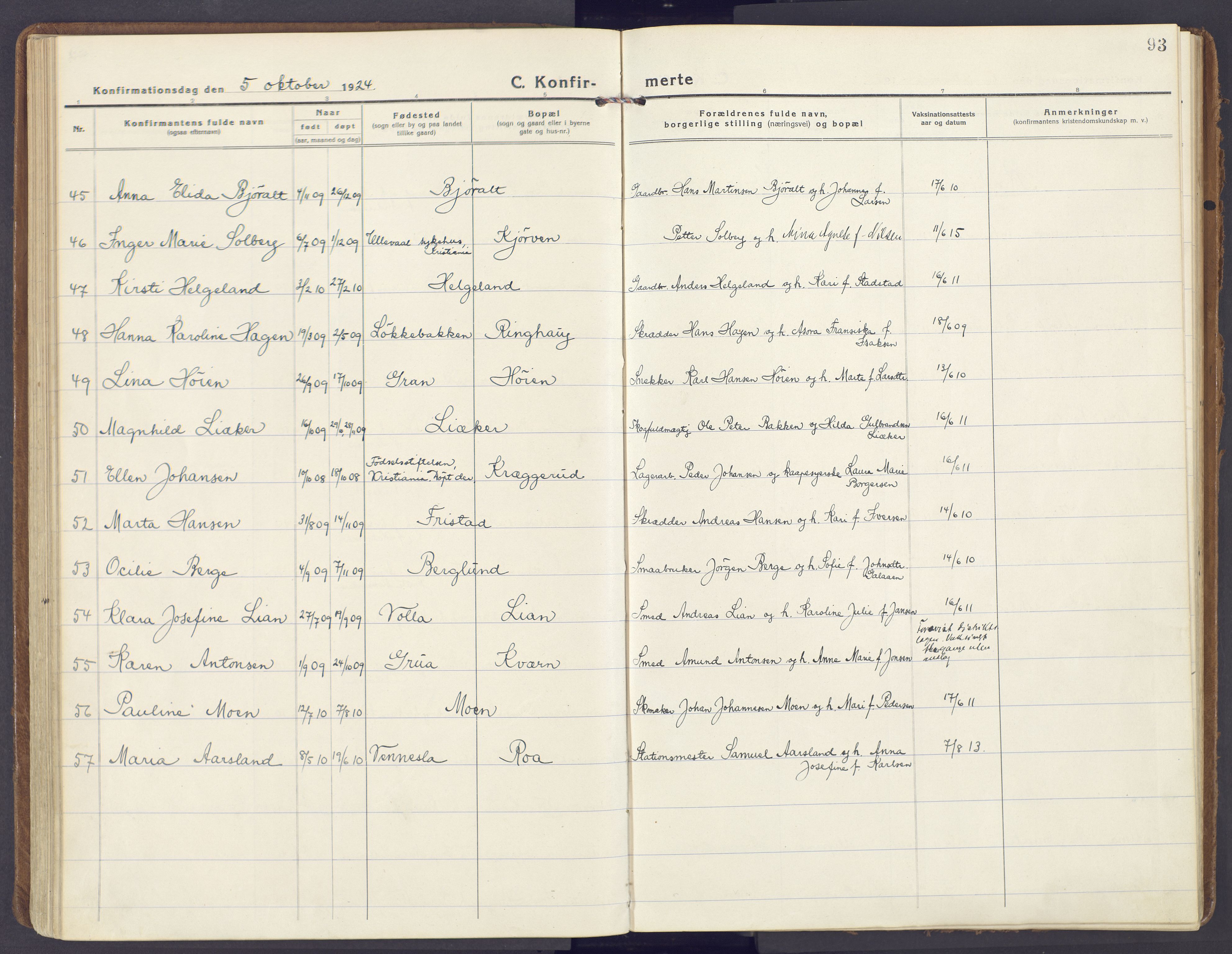 Lunner prestekontor, AV/SAH-PREST-118/H/Ha/Haa/L0002: Parish register (official) no. 2, 1922-1931, p. 93