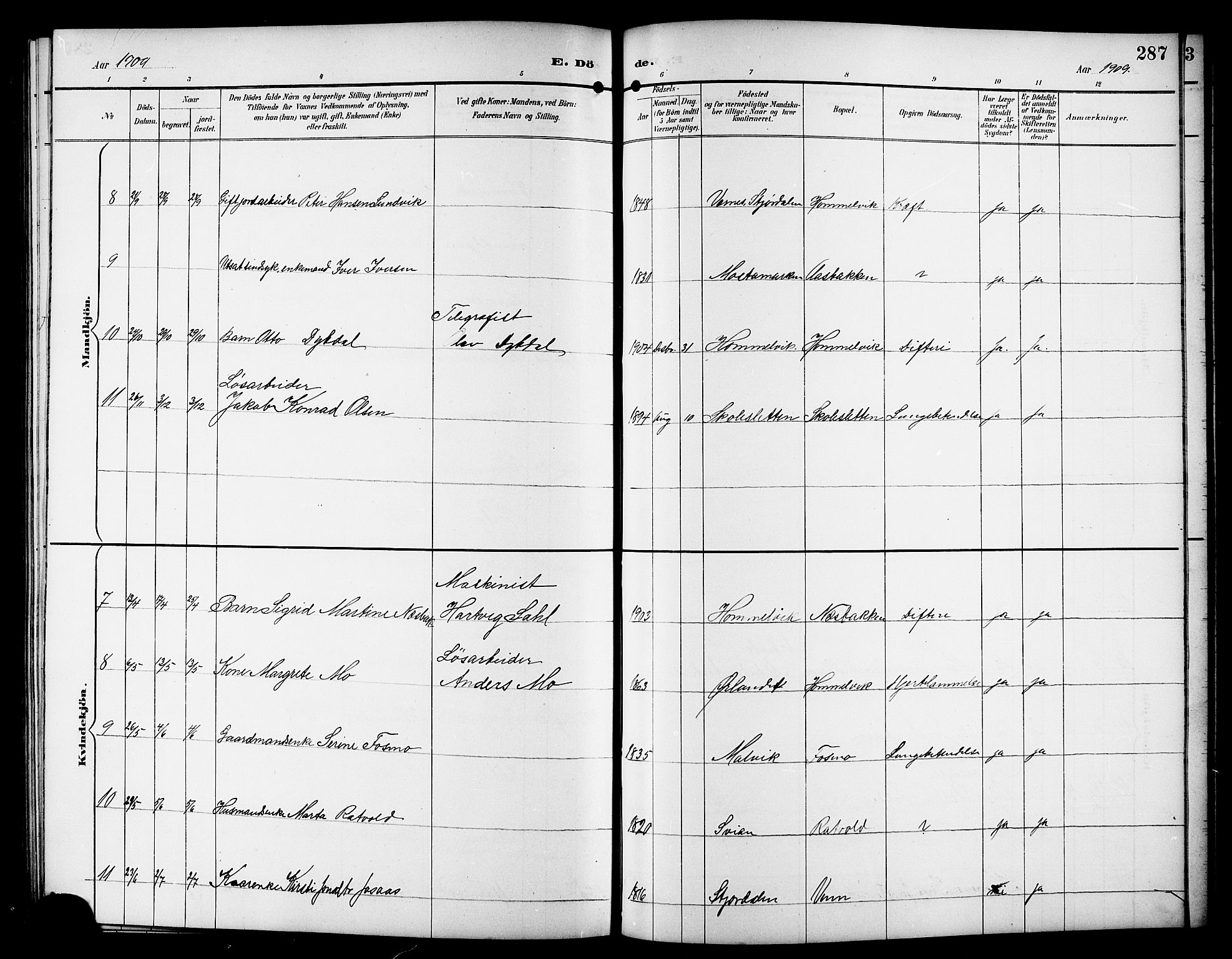 Ministerialprotokoller, klokkerbøker og fødselsregistre - Sør-Trøndelag, AV/SAT-A-1456/617/L0431: Parish register (copy) no. 617C01, 1889-1910, p. 287