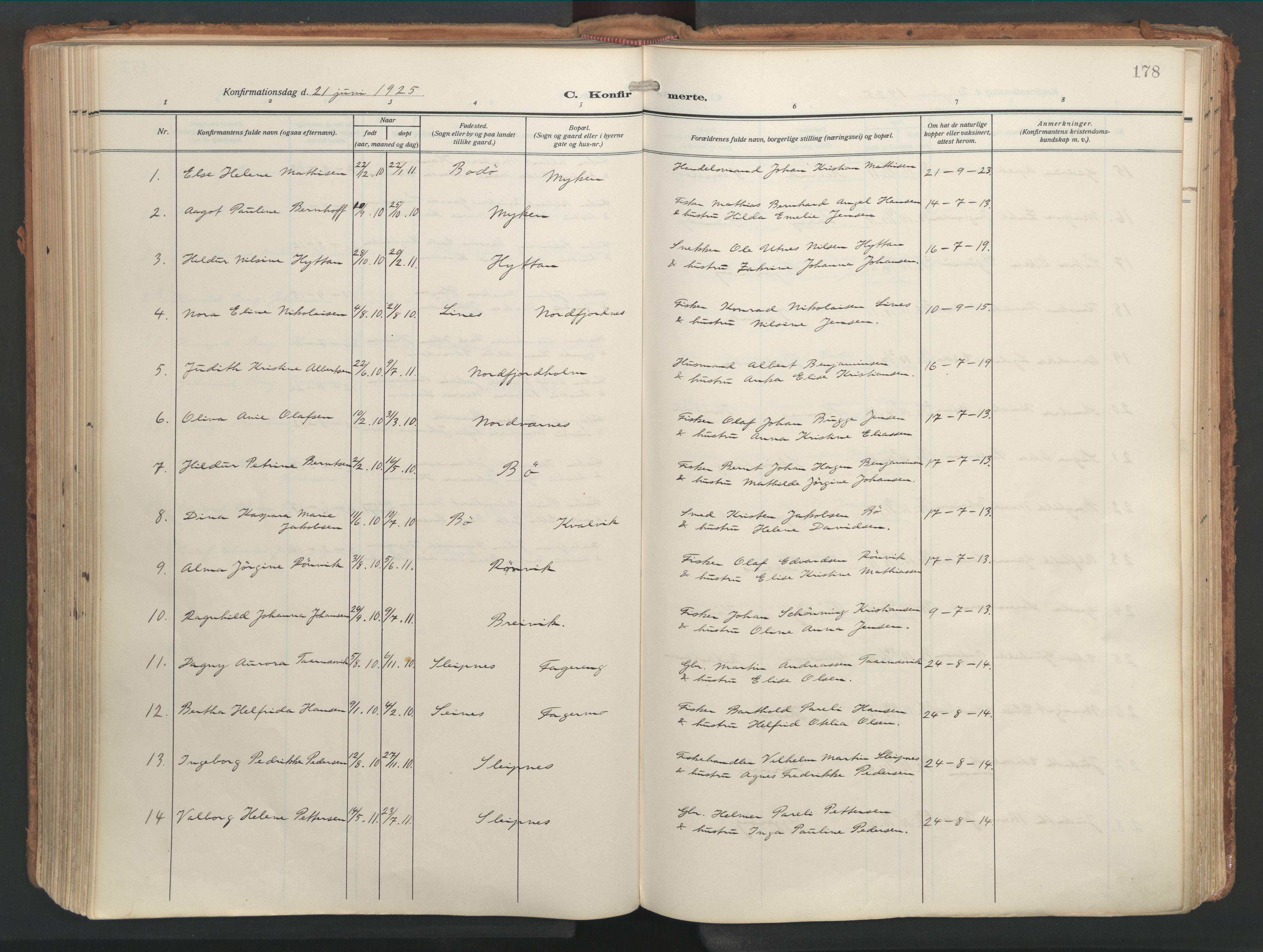 Ministerialprotokoller, klokkerbøker og fødselsregistre - Nordland, AV/SAT-A-1459/841/L0614: Parish register (official) no. 841A17, 1911-1925, p. 178