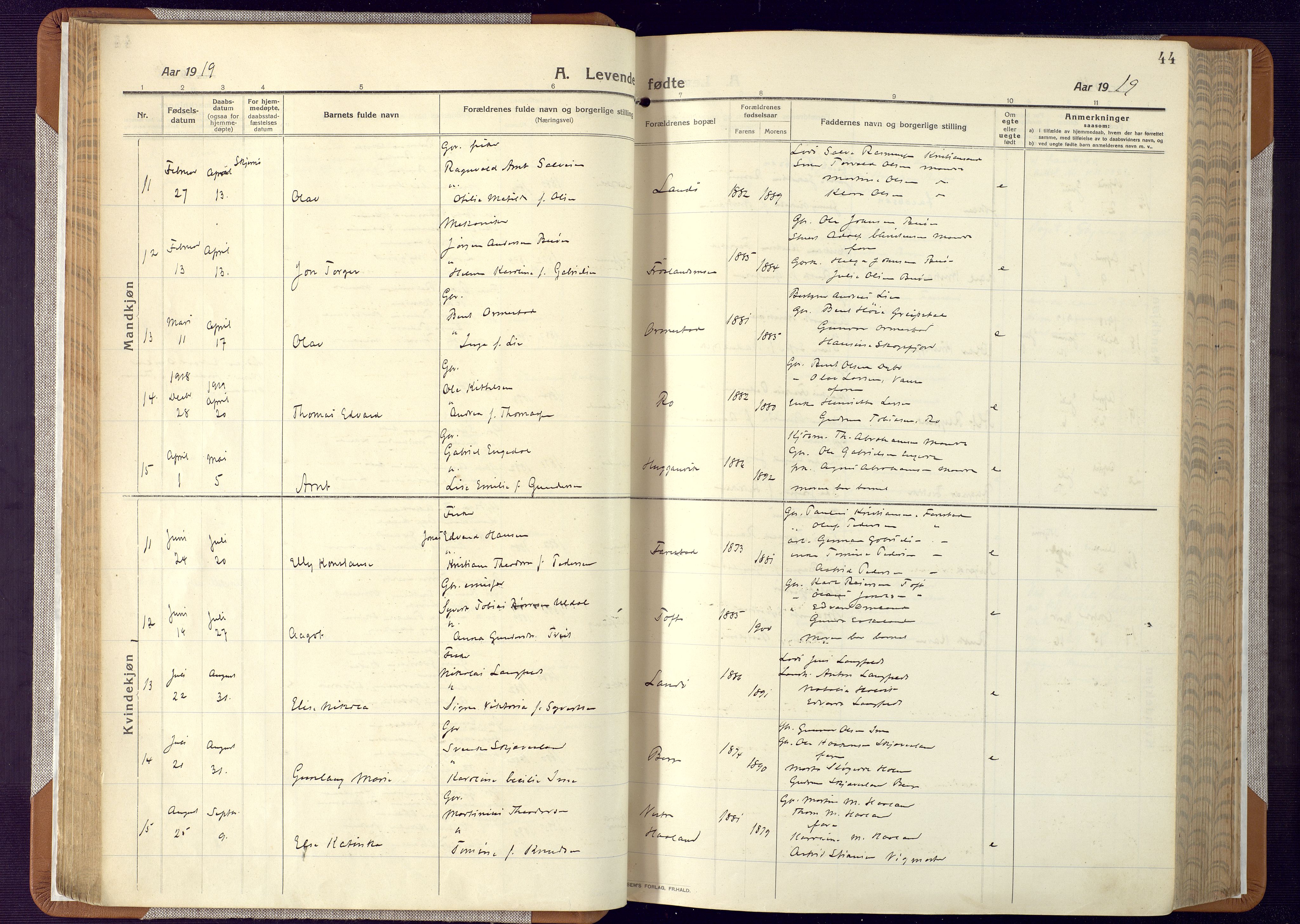 Mandal sokneprestkontor, AV/SAK-1111-0030/F/Fa/Faa/L0022: Parish register (official) no. A 22, 1913-1925, p. 44