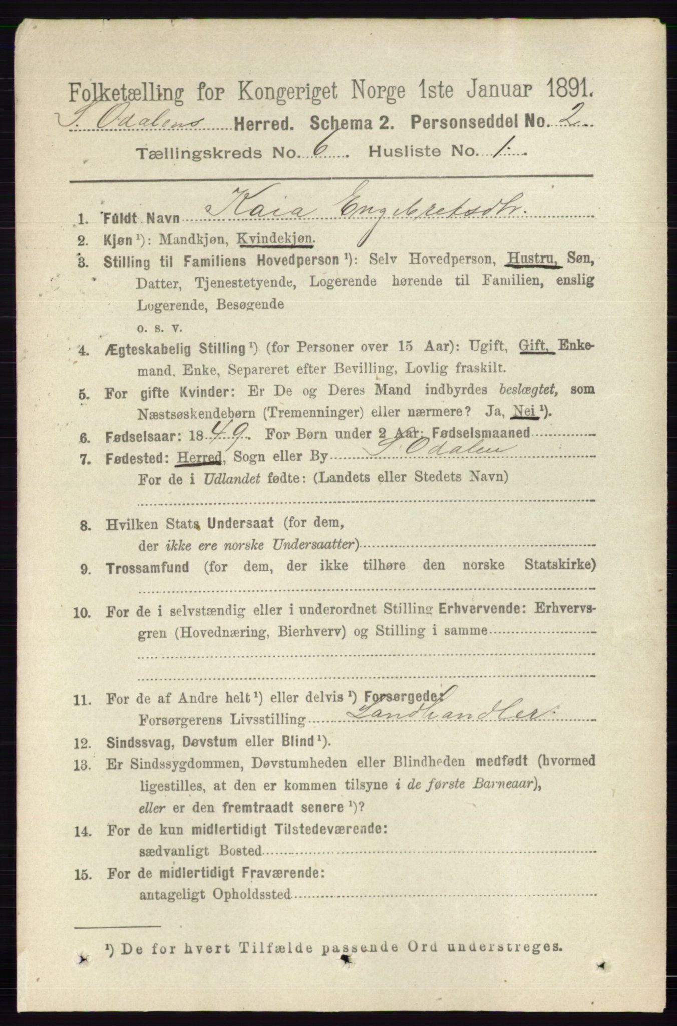 RA, 1891 census for 0419 Sør-Odal, 1891, p. 2796