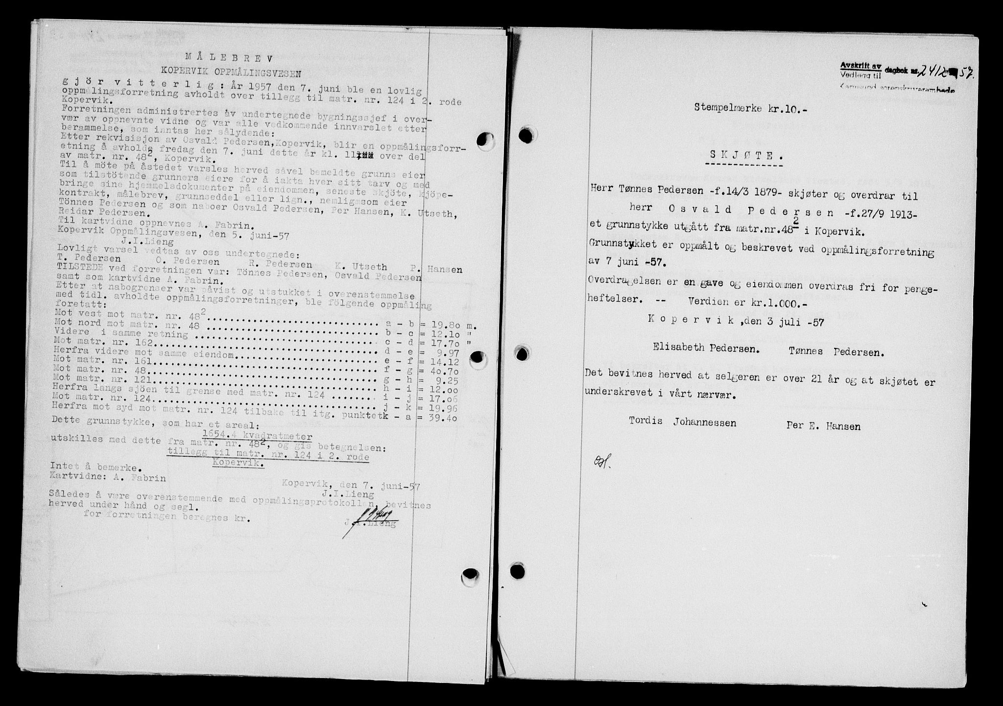 Karmsund sorenskriveri, AV/SAST-A-100311/01/II/IIB/L0125: Mortgage book no. 105A, 1957-1957, Diary no: : 2412/1957