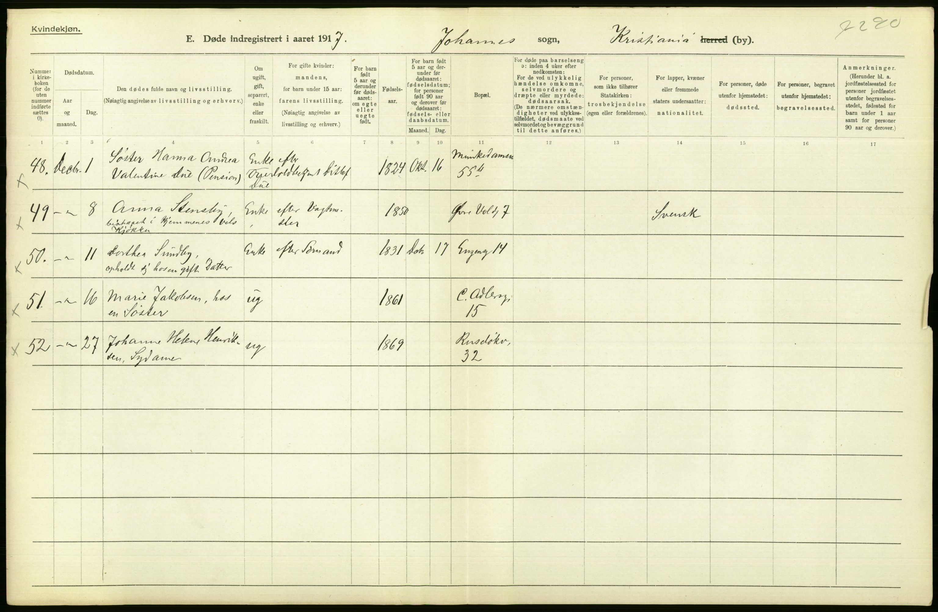 Statistisk sentralbyrå, Sosiodemografiske emner, Befolkning, RA/S-2228/D/Df/Dfb/Dfbg/L0010: Kristiania: Døde, 1917, p. 336