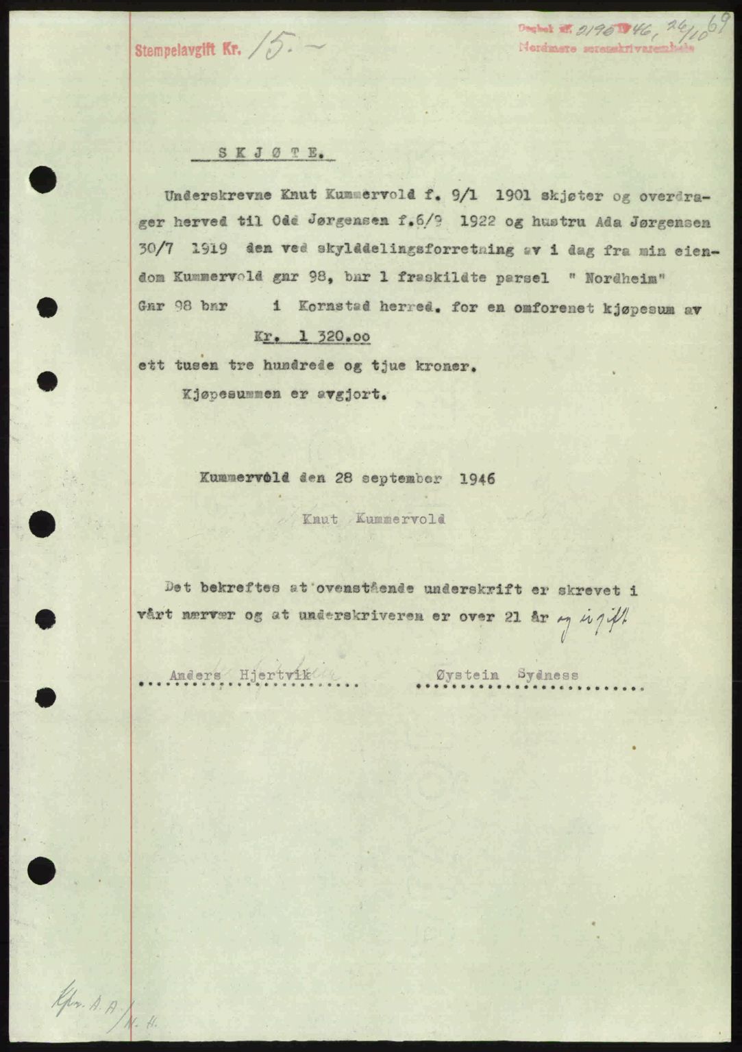 Nordmøre sorenskriveri, AV/SAT-A-4132/1/2/2Ca: Mortgage book no. A103, 1946-1947, Diary no: : 2190/1946