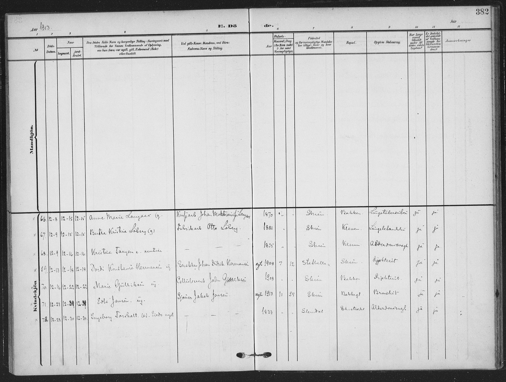 Skien kirkebøker, AV/SAKO-A-302/F/Fa/L0012: Parish register (official) no. 12, 1908-1914, p. 382