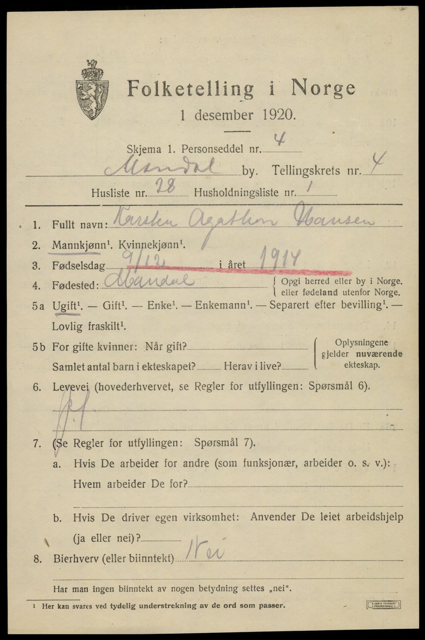 SAK, 1920 census for Mandal, 1920, p. 7279