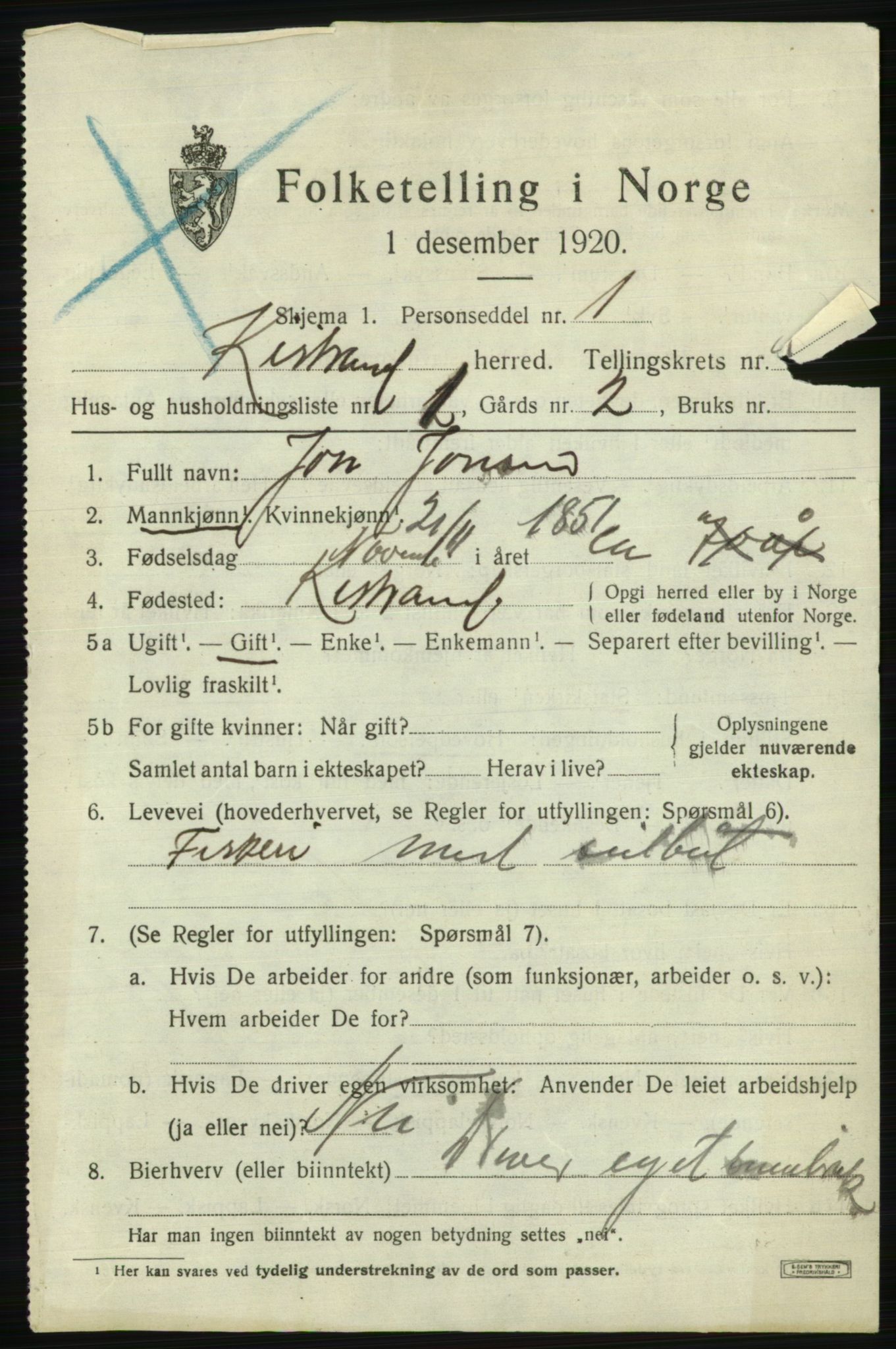 SATØ, 1920 census for Kistrand, 1920, p. 840