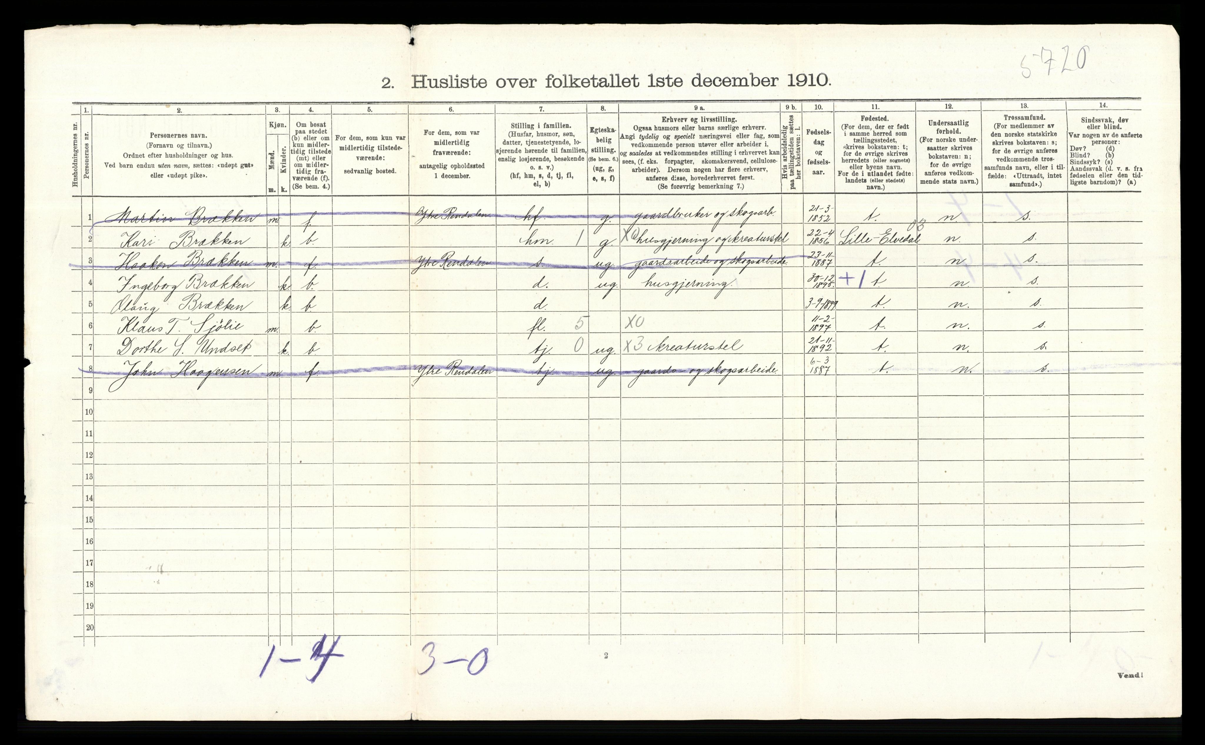 RA, 1910 census for Øvre Rendal, 1910, p. 373