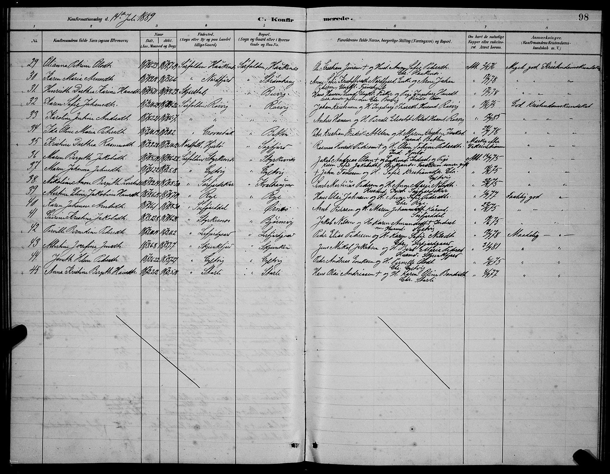 Ministerialprotokoller, klokkerbøker og fødselsregistre - Nordland, AV/SAT-A-1459/854/L0785: Parish register (copy) no. 854C01, 1883-1891, p. 98