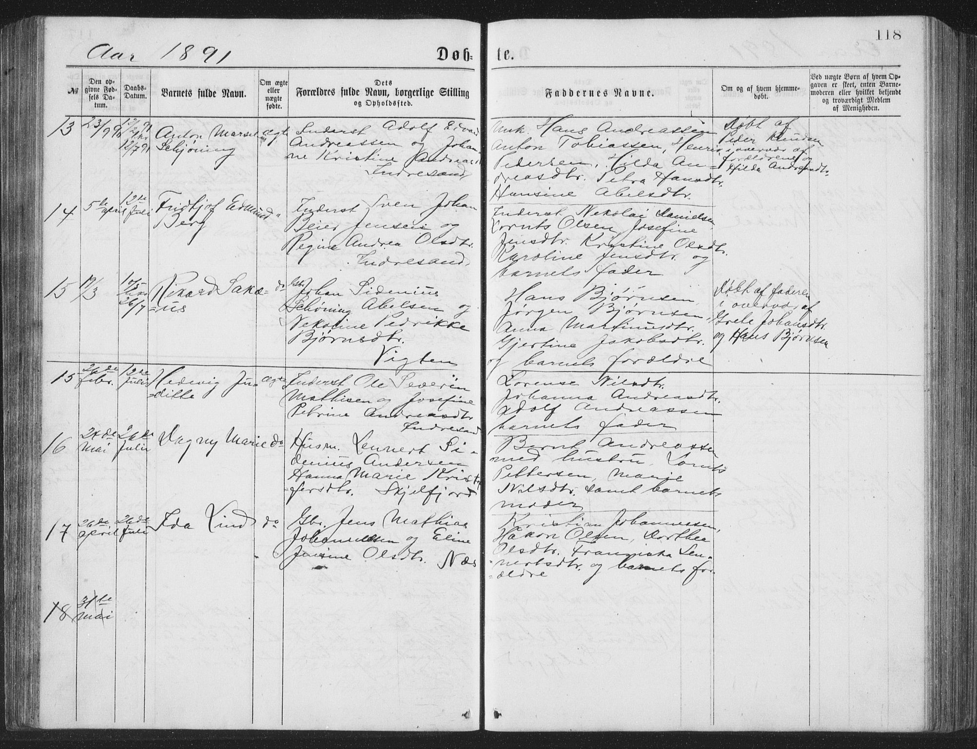 Ministerialprotokoller, klokkerbøker og fødselsregistre - Nordland, AV/SAT-A-1459/885/L1213: Parish register (copy) no. 885C02, 1874-1892, p. 118