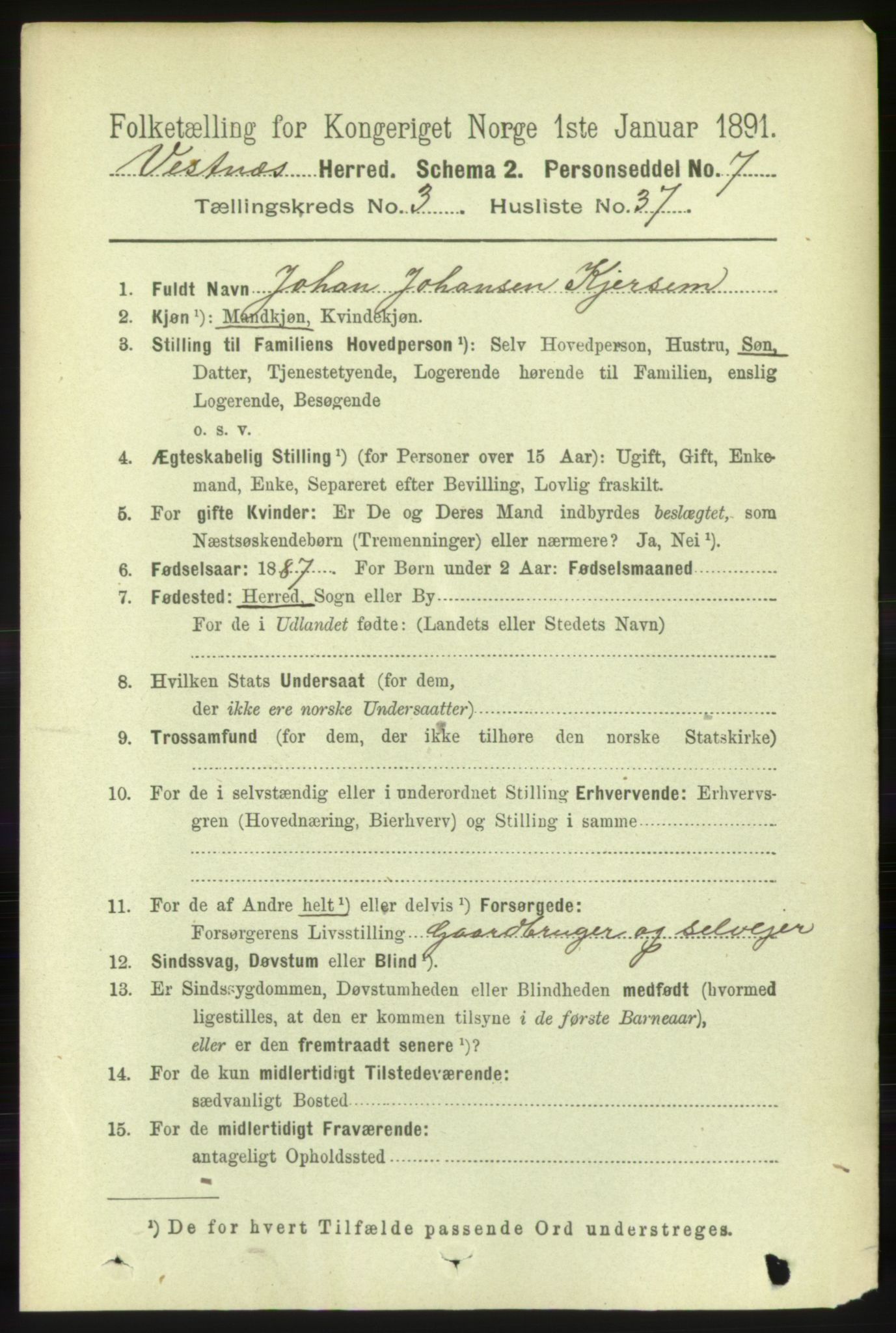 RA, 1891 census for 1535 Vestnes, 1891, p. 1082