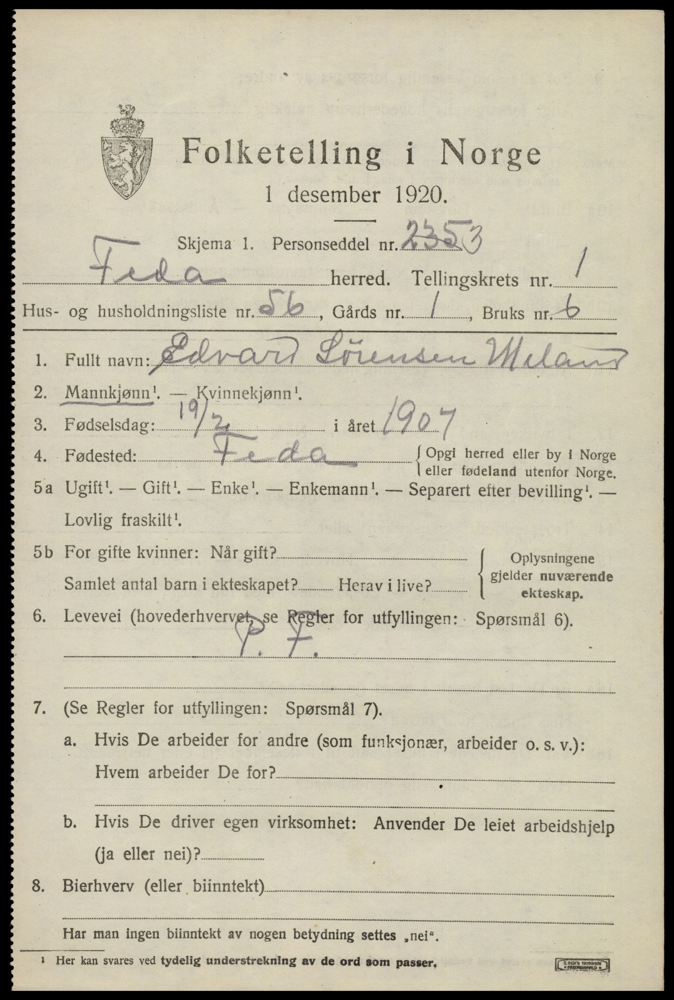 SAK, 1920 census for Feda, 1920, p. 923