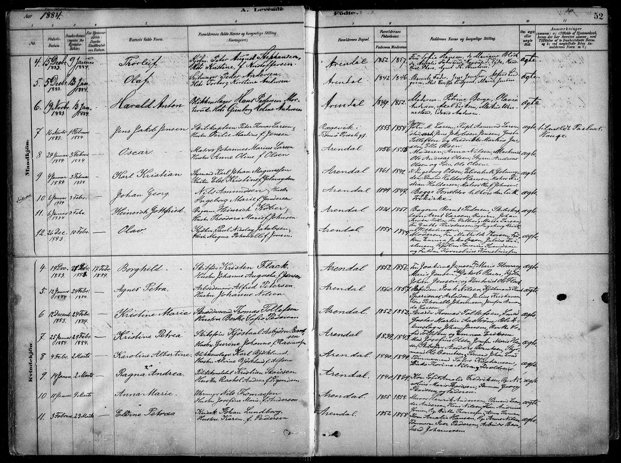 Arendal sokneprestkontor, Trefoldighet, AV/SAK-1111-0040/F/Fa/L0008: Parish register (official) no. A 8, 1878-1899, p. 52