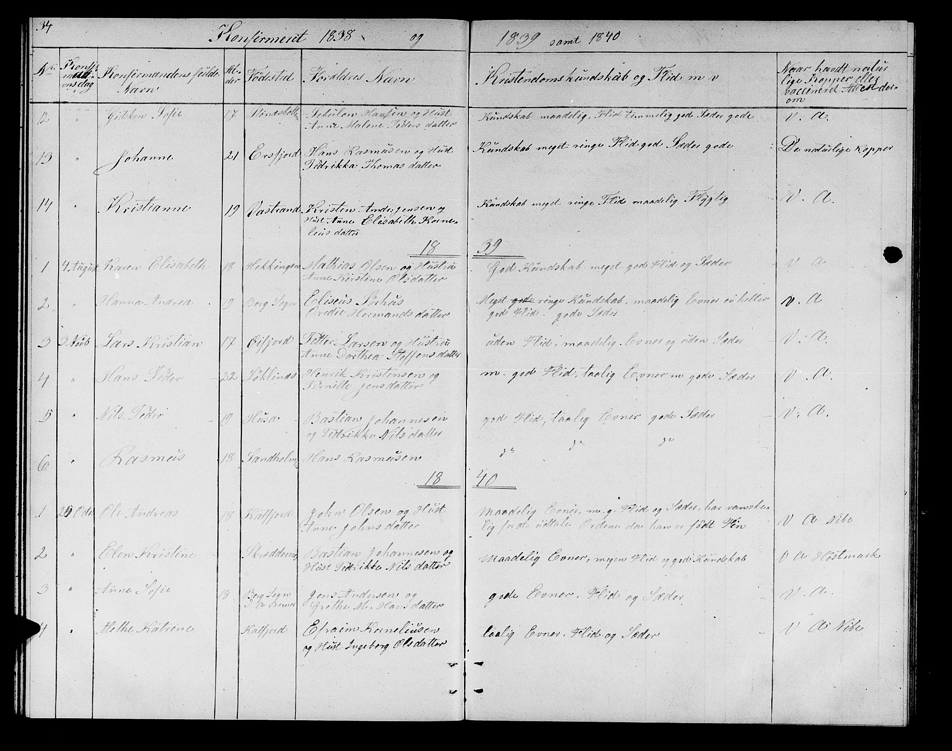 Lenvik sokneprestembete, AV/SATØ-S-1310/H/Ha/Hab/L0019klokker: Parish register (copy) no. 19, 1837-1844, p. 34