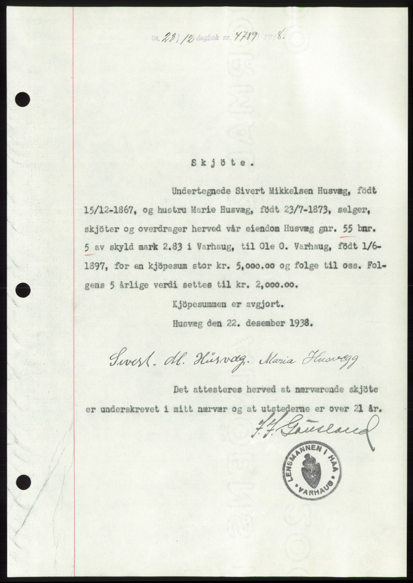 Jæren sorenskriveri, SAST/A-100310/03/G/Gba/L0072: Mortgage book, 1938-1938, Diary no: : 4789/1938
