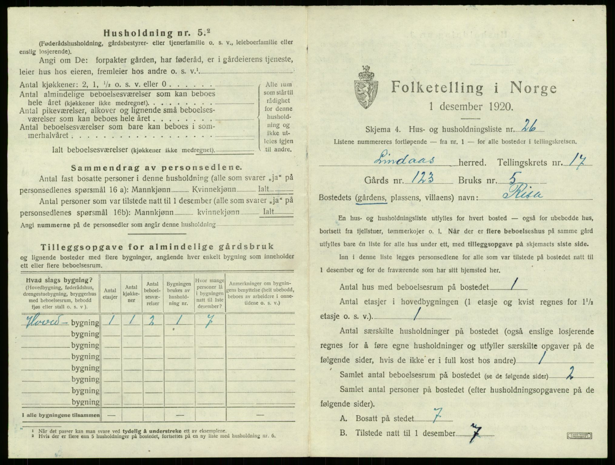 SAB, 1920 census for Lindås, 1920, p. 1271