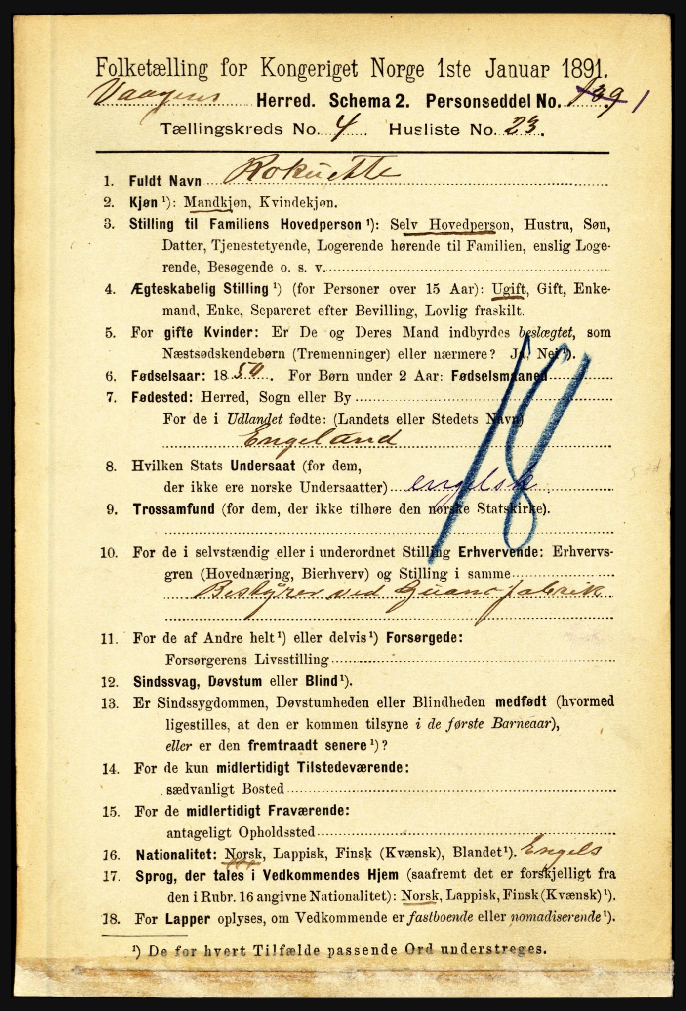 RA, 1891 census for 1865 Vågan, 1891, p. 1077