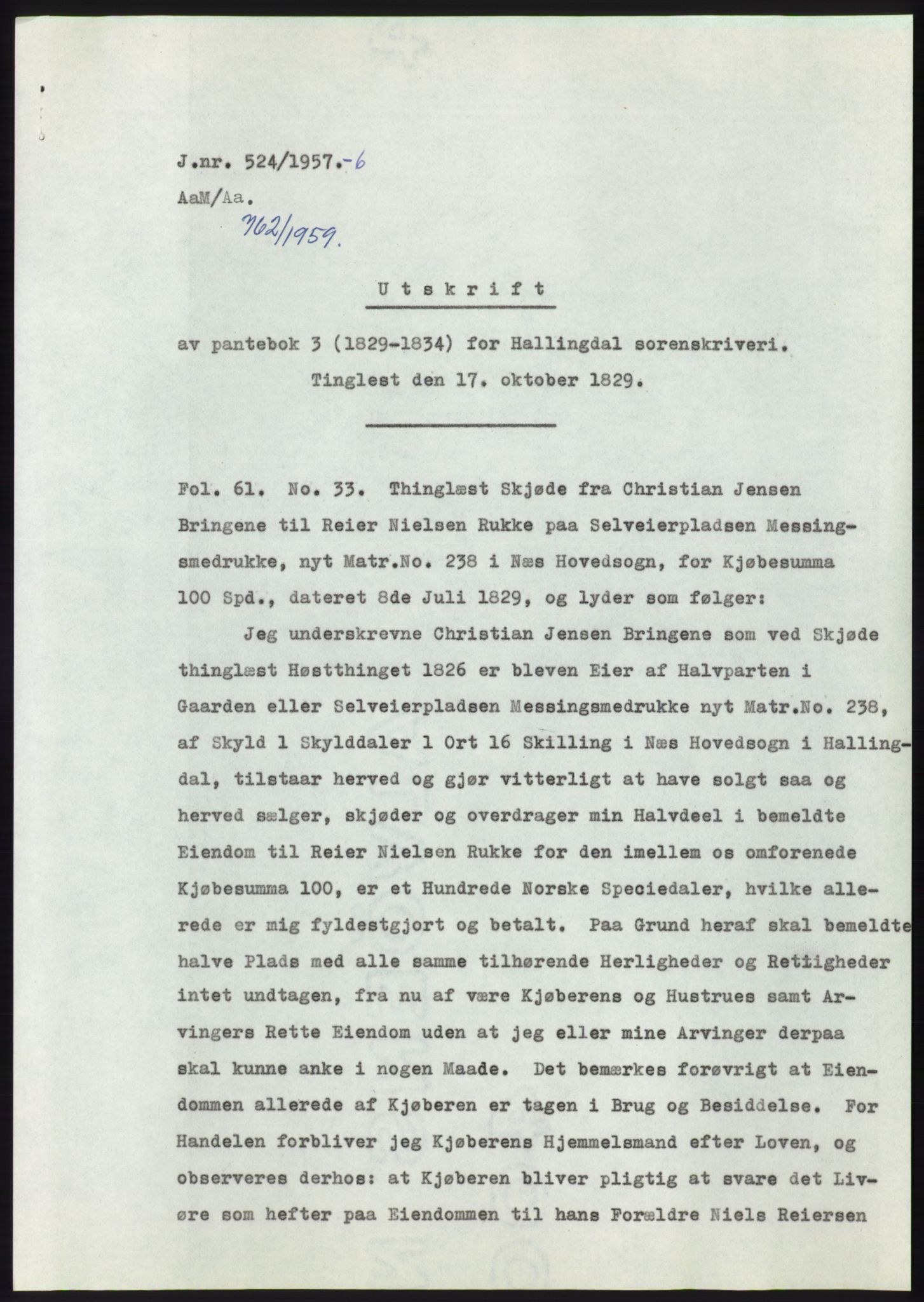 Statsarkivet i Kongsberg, AV/SAKO-A-0001/E/Ee/L0009: Avskrifter, SAO jnr. 354/1957 - 770/1957, 1957, p. 193