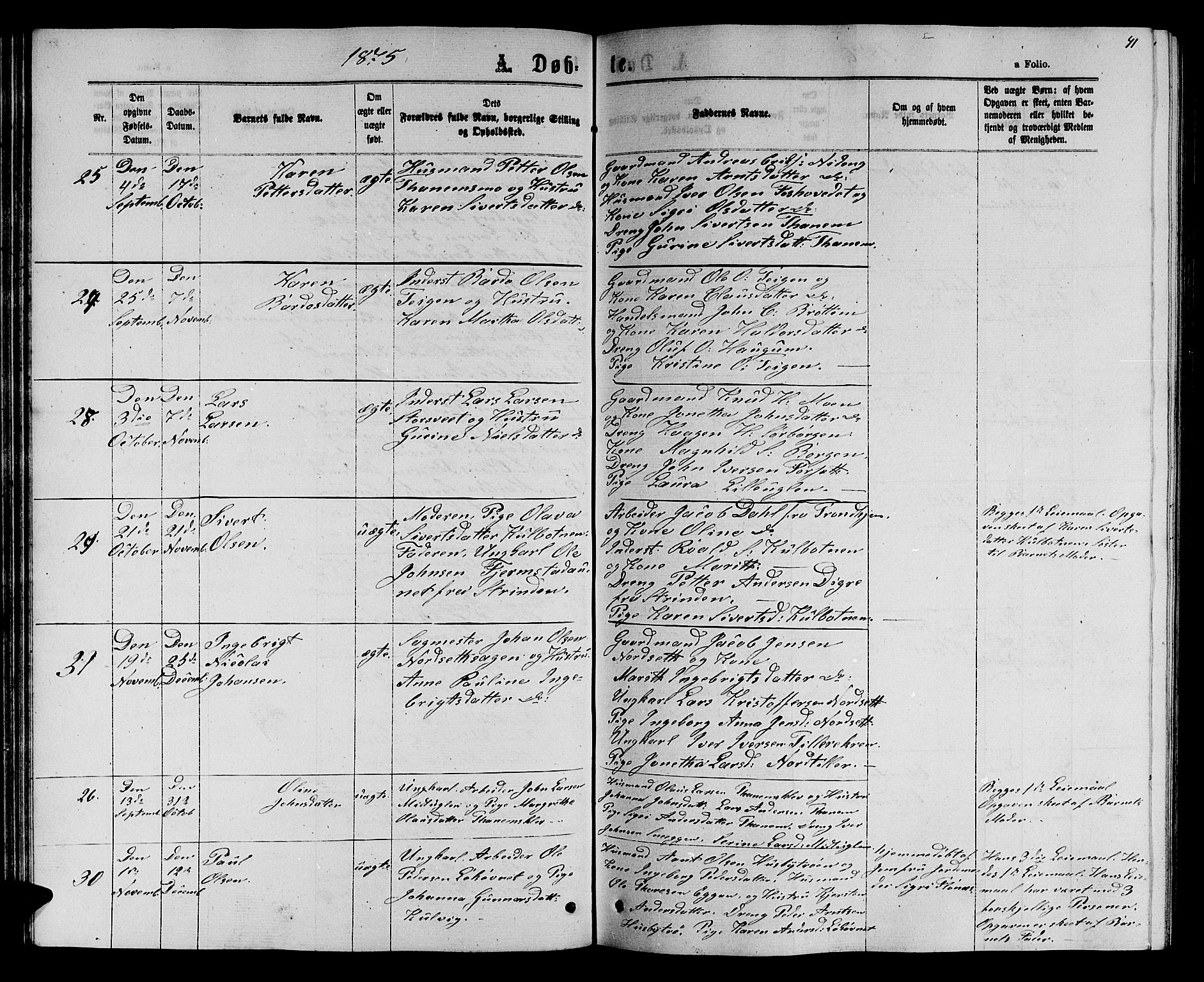 Ministerialprotokoller, klokkerbøker og fødselsregistre - Sør-Trøndelag, SAT/A-1456/618/L0451: Parish register (copy) no. 618C02, 1865-1883, p. 41