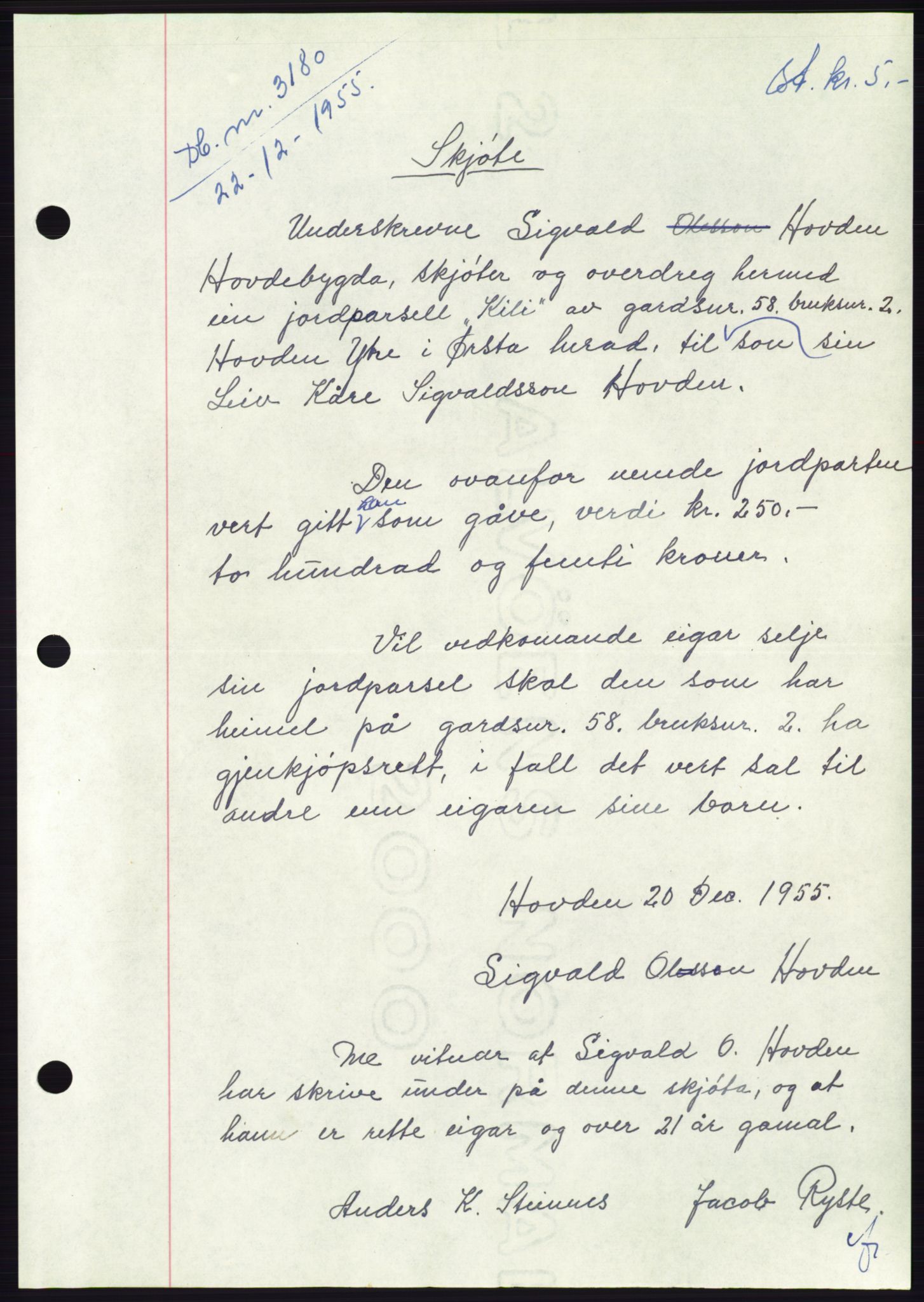 Søre Sunnmøre sorenskriveri, SAT/A-4122/1/2/2C/L0102: Mortgage book no. 28A, 1955-1956, Diary no: : 3180/1955