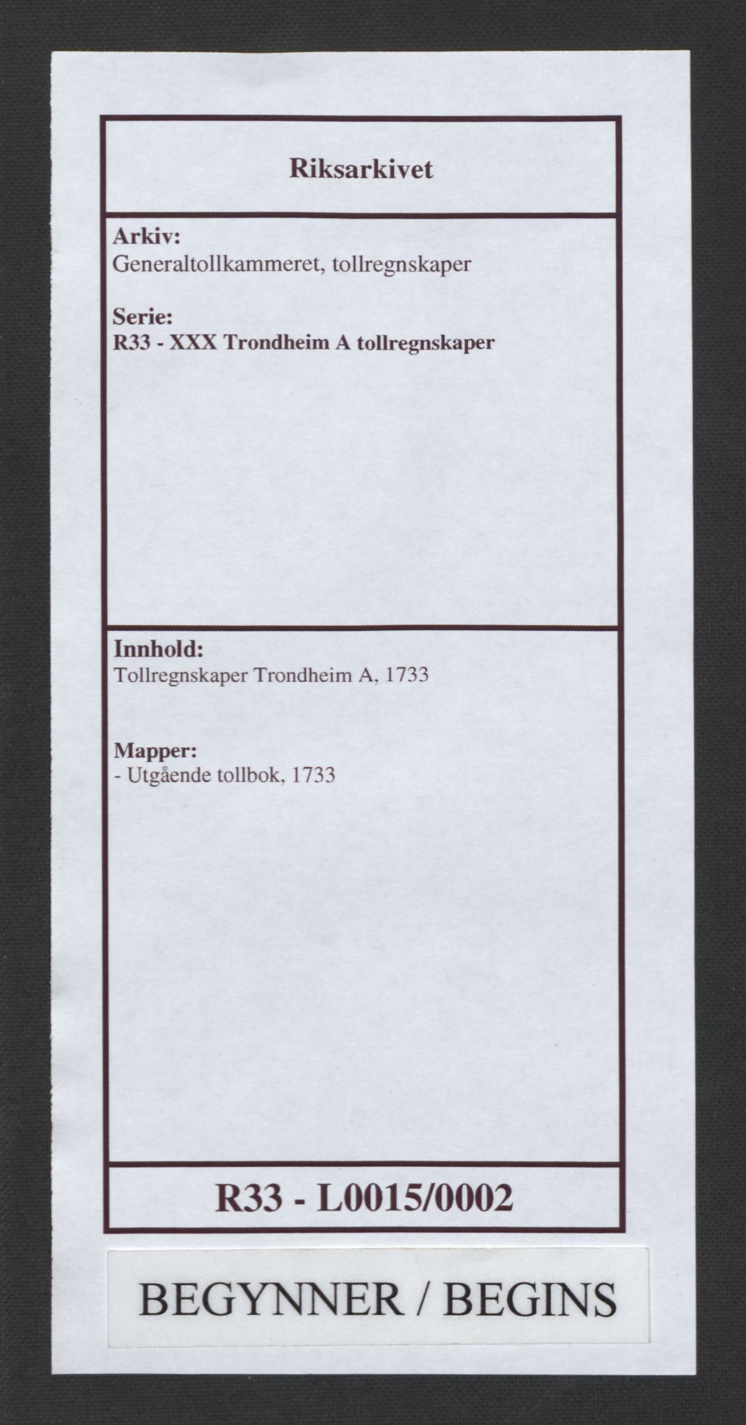 Generaltollkammeret, tollregnskaper, RA/EA-5490/R33/L0015/0002: Tollregnskaper Trondheim A / Utgående tollbok, 1733