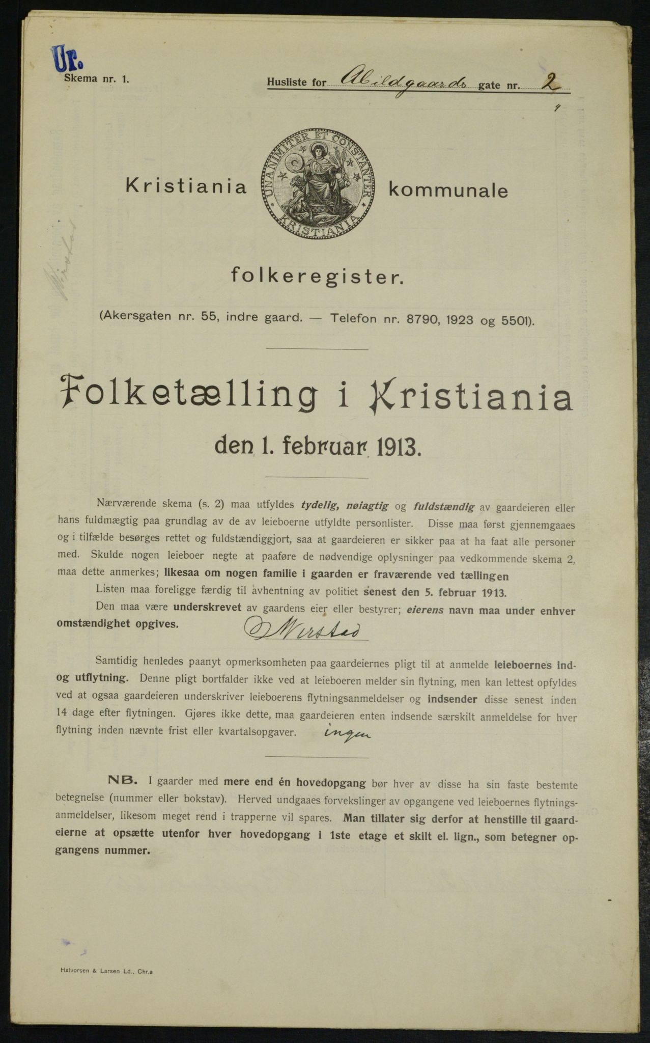 OBA, Municipal Census 1913 for Kristiania, 1913, p. 2